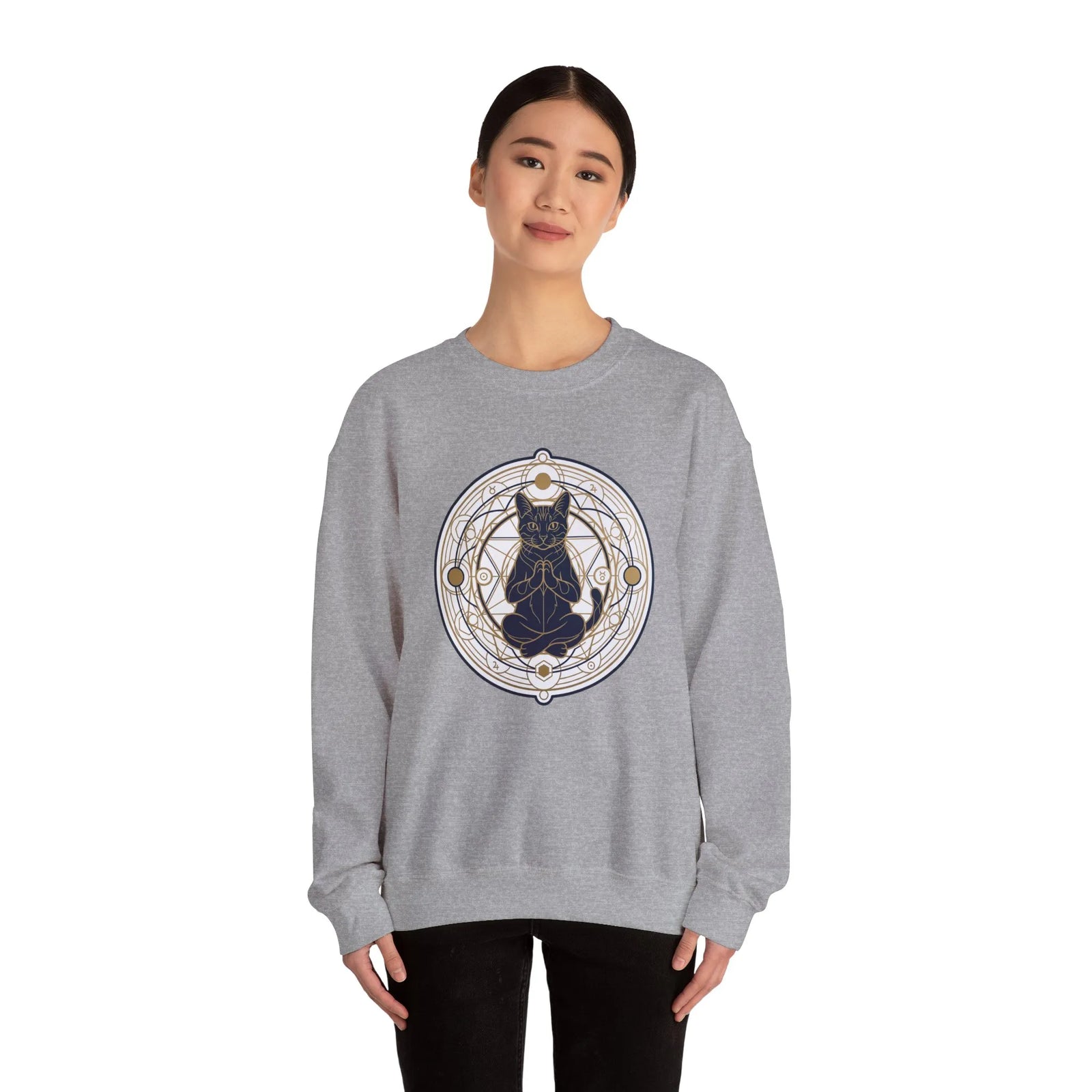 Sacred Geometry Meditating Cat Sweatshirt - Classic Fit Fleece Crewneck - Unisex White