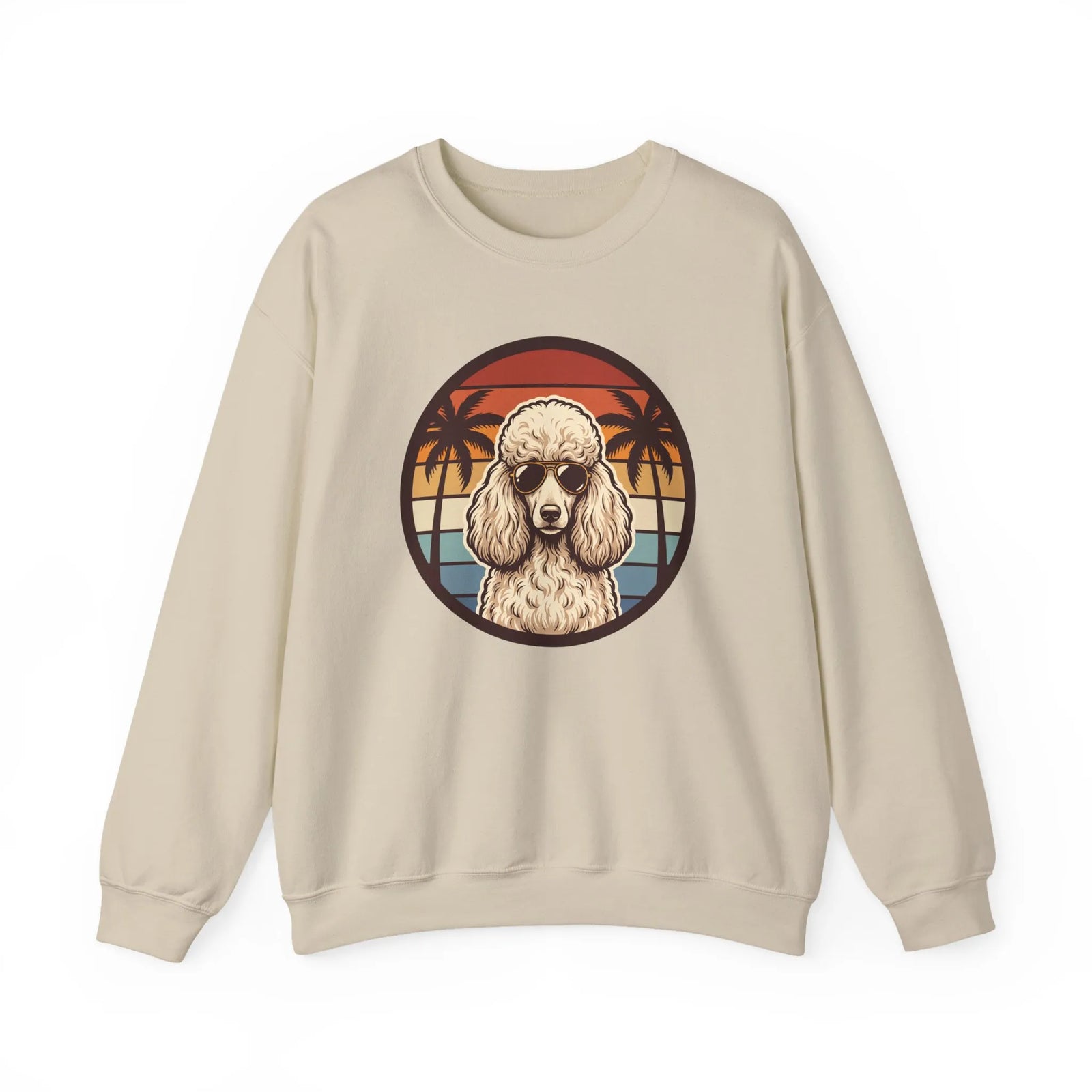 70s Sunset Poodle Aviators Graphic Sweatshirt - Heavy Blend Cotton-Poly Crewneck - Unisex White