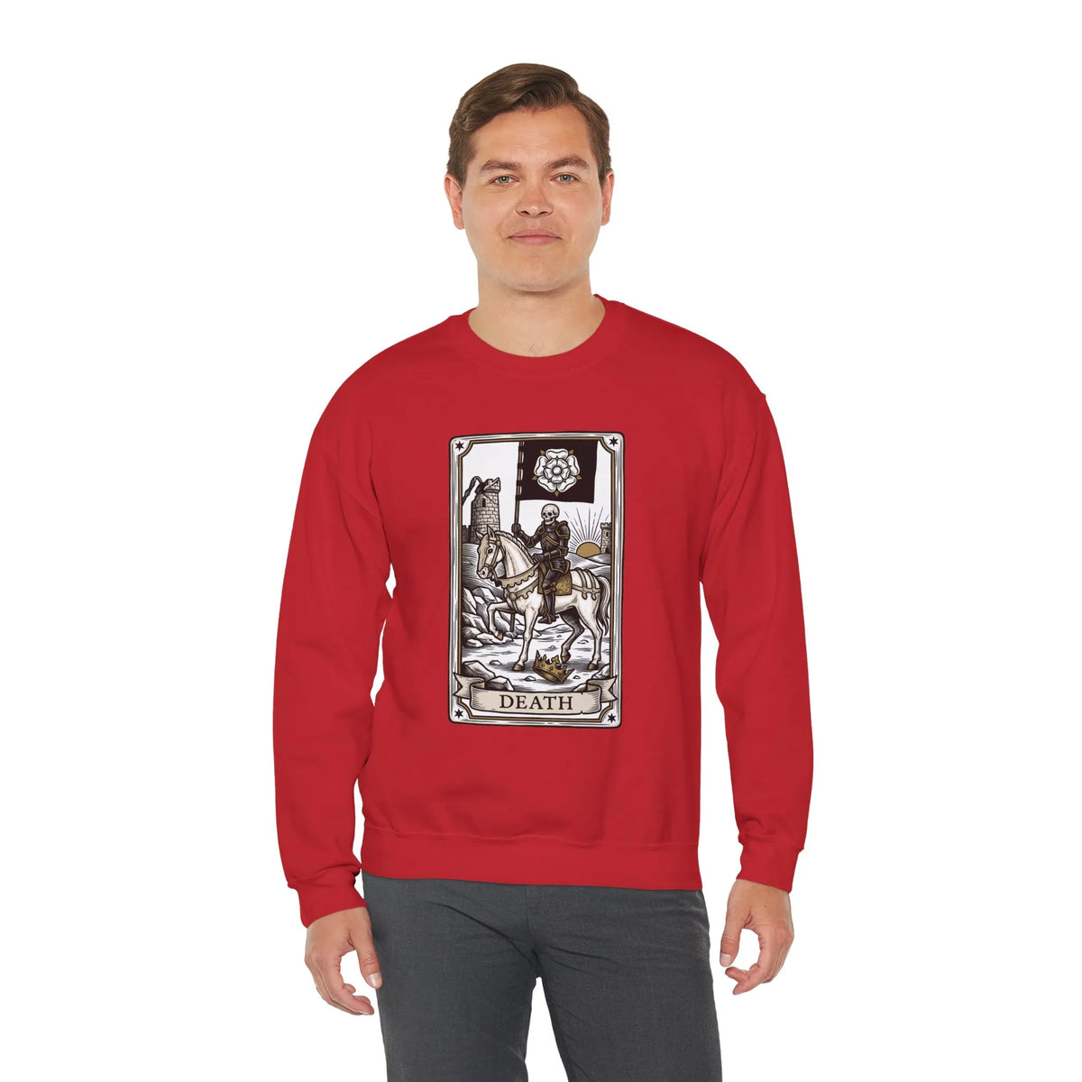 Tarot Death Card Graphic Sweatshirt - Heavy Blend Classic Fit Crewneck - Unisex White
