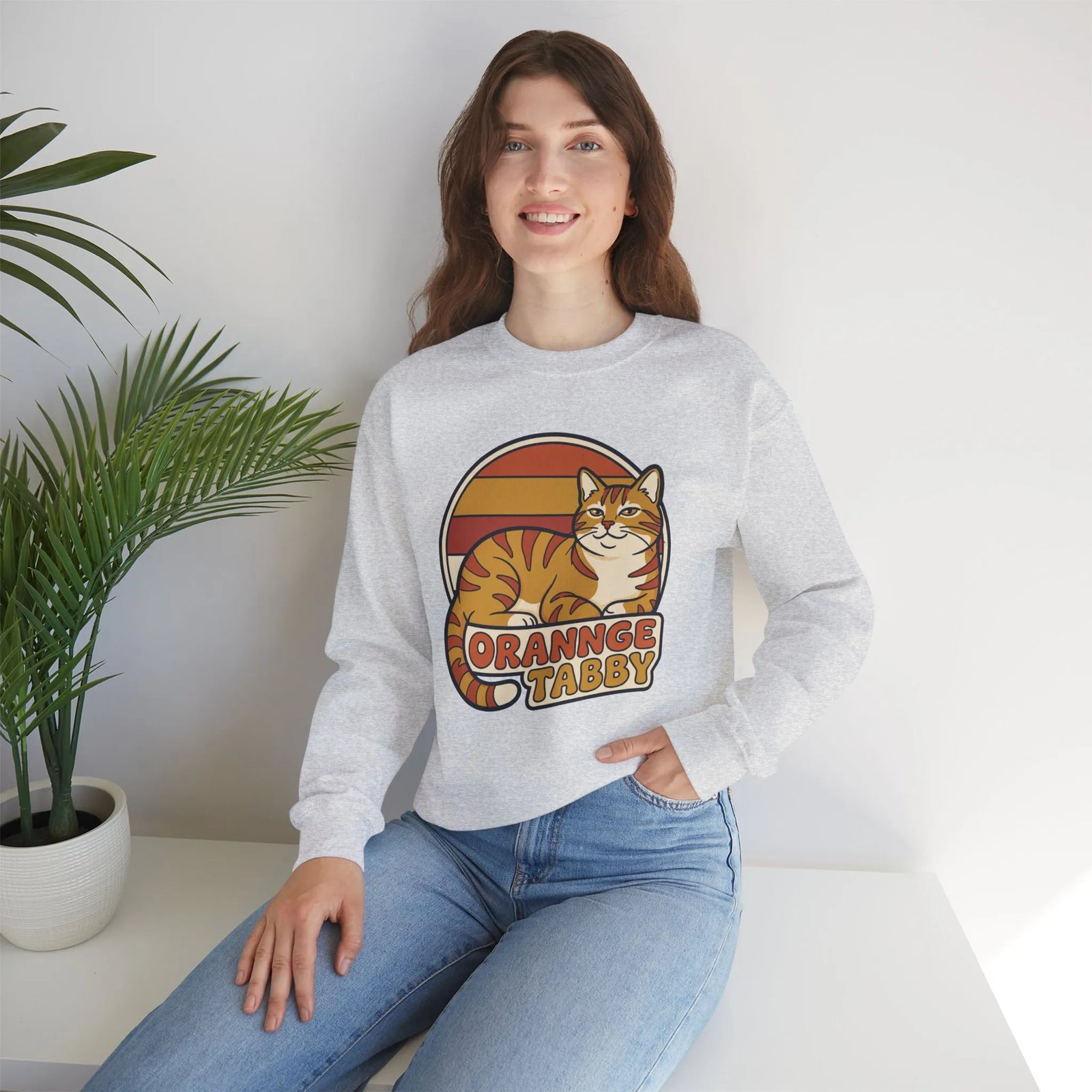 Orange Tabby Retro Sunset Graphic Sweatshirt - Heavy Blend Crewneck Fleece - Unisex White