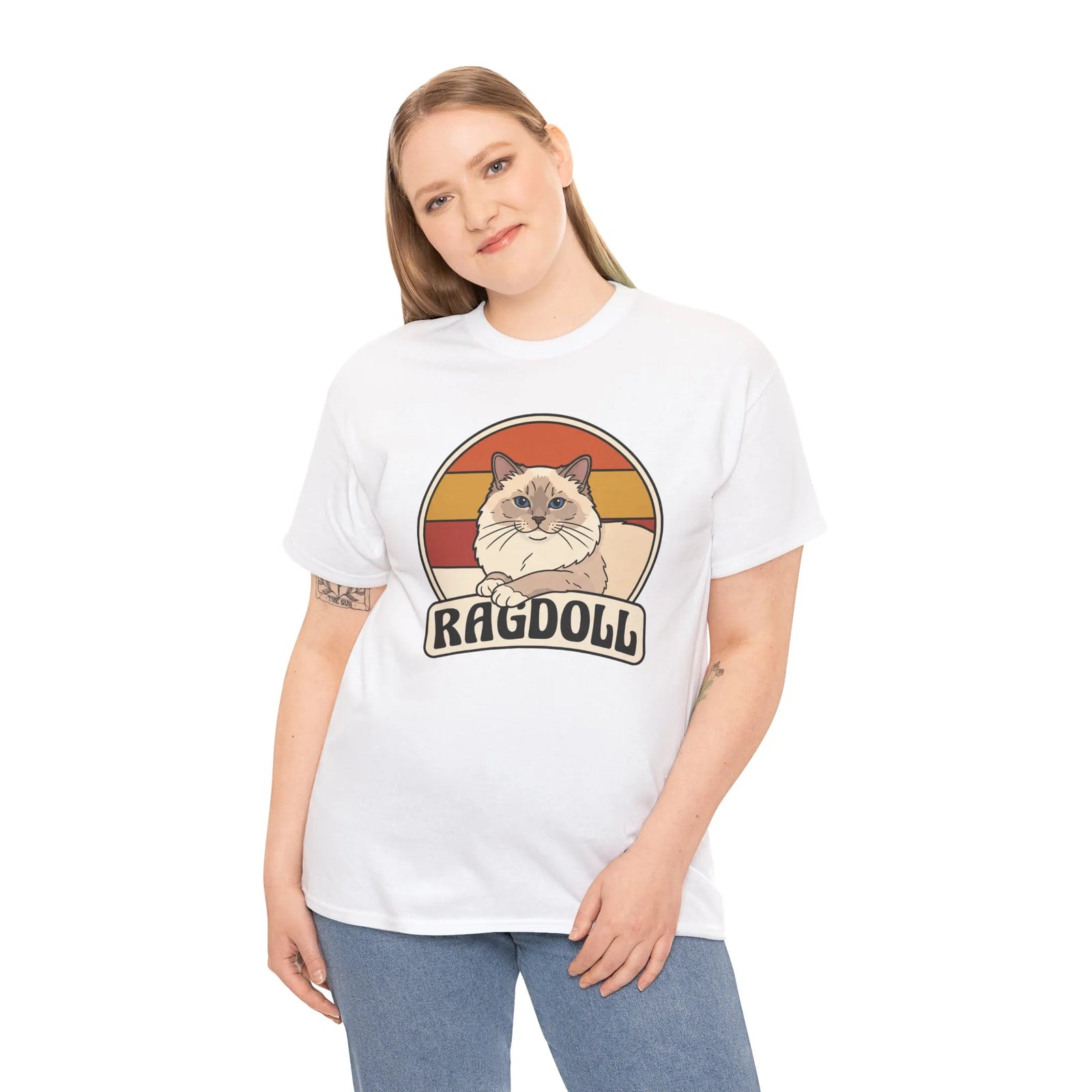 Ragdoll Cat Retro Sunset T-Shirt - Heavyweight Cotton Classic Tee - Unisex White