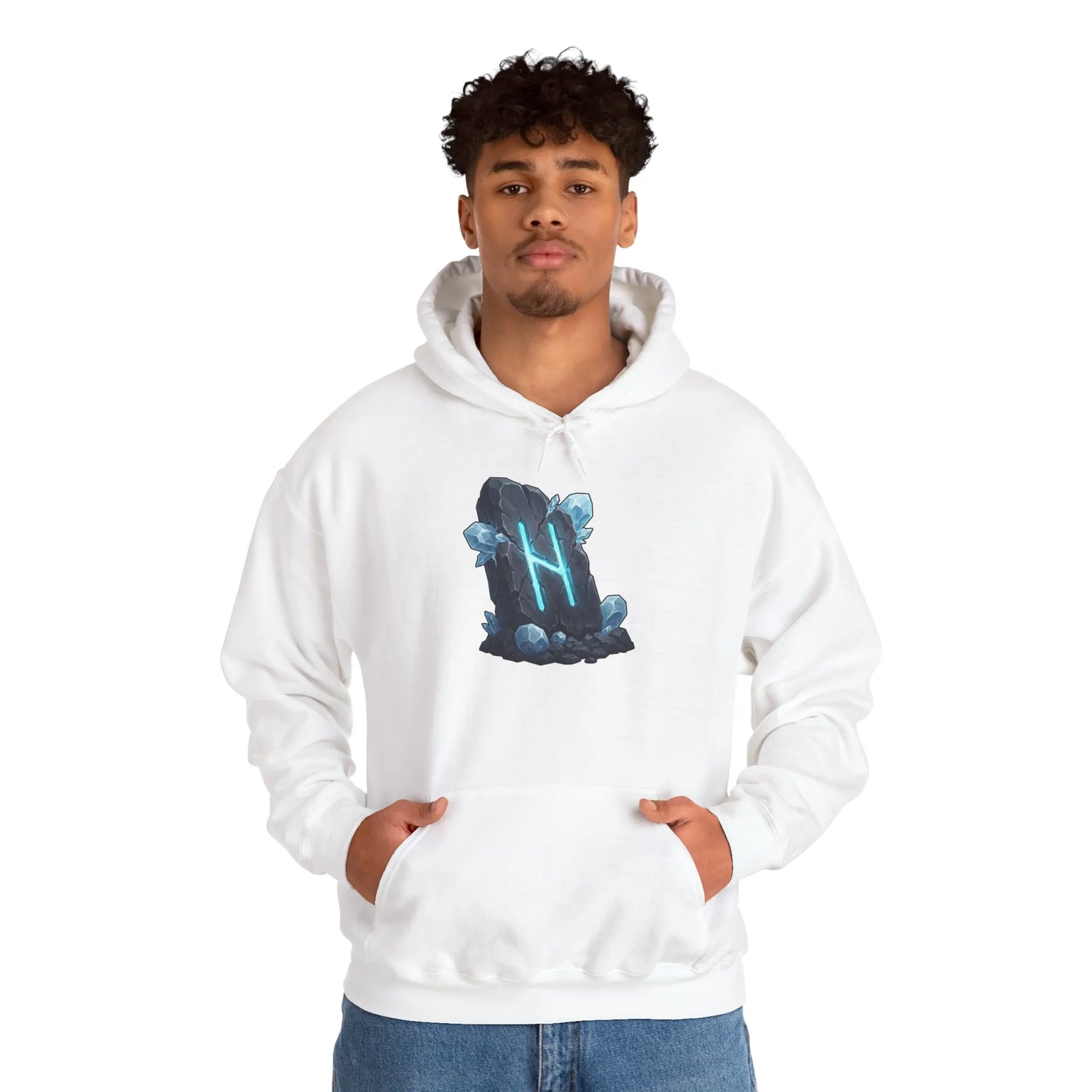 Hagalaz Rune Stone Graphic Hoodie - Heavy Blend Fleece Pullover - Unisex White