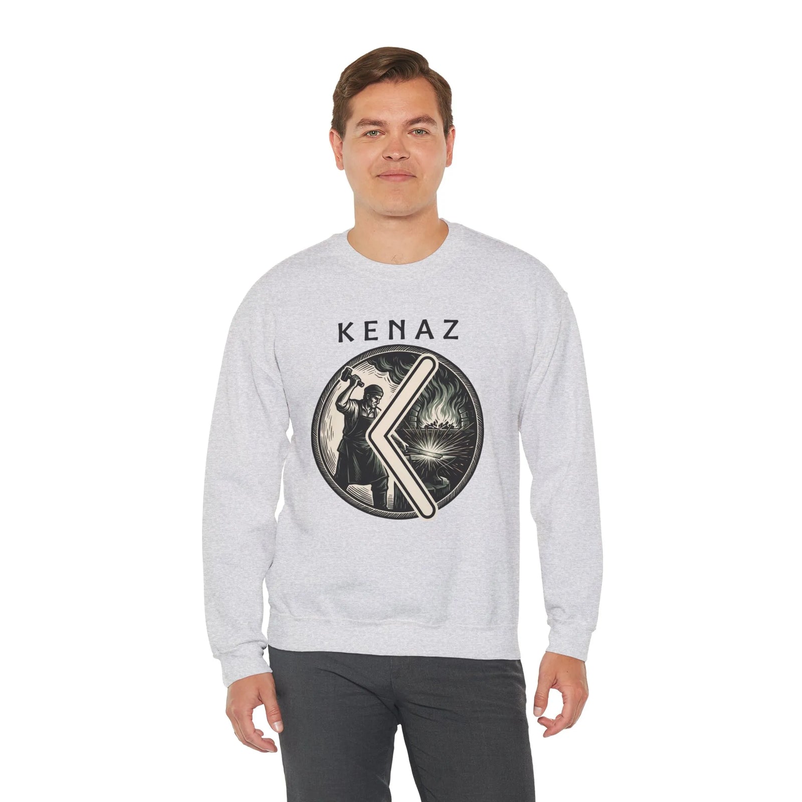 Kenaz Rune Blacksmith Forge Sweatshirt - Soft Cotton Blend Crewneck Fleece - Unisex White