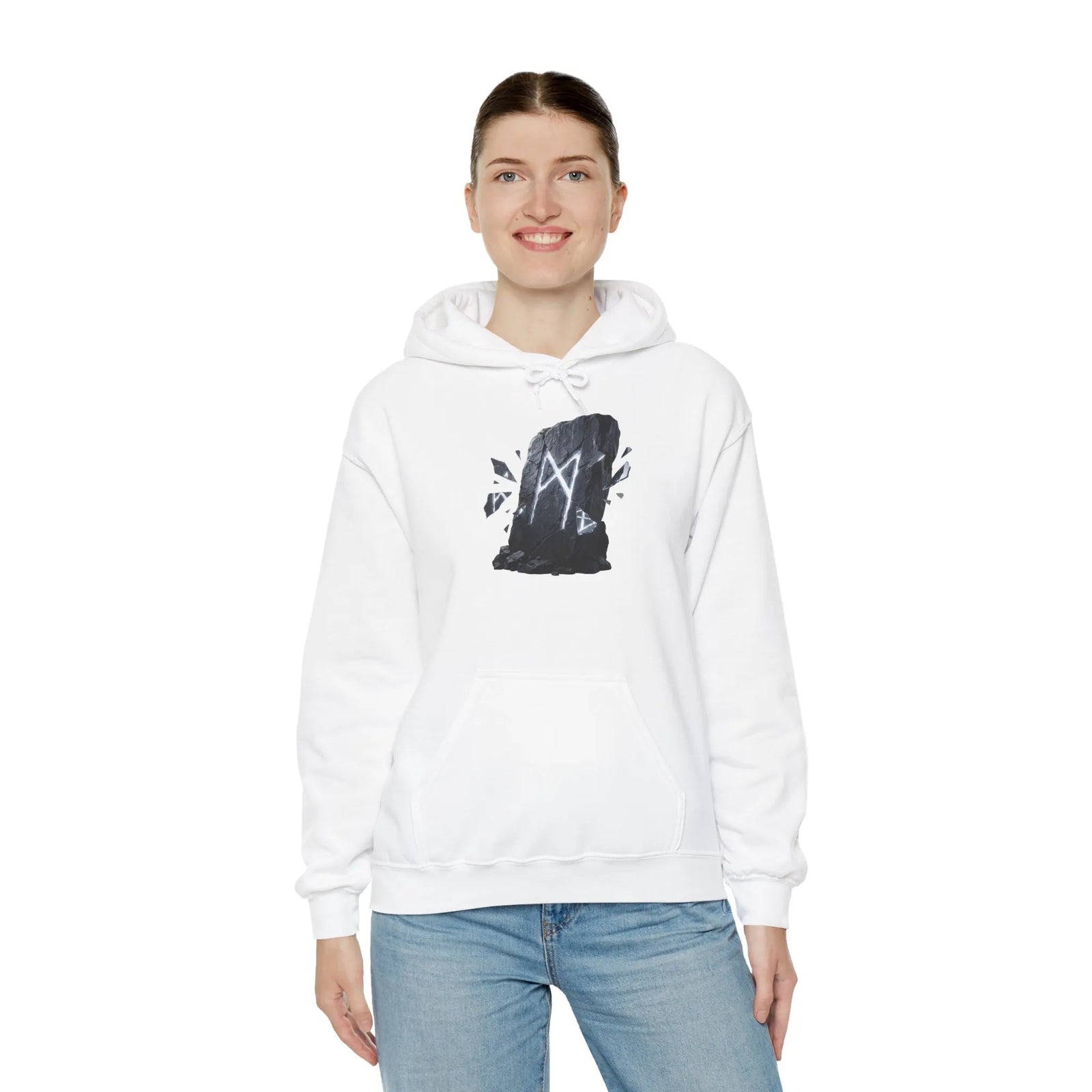 Mannaz Rune Humanity Reflection Hoodie - Heavyweight Fleece Pullover - Unisex White