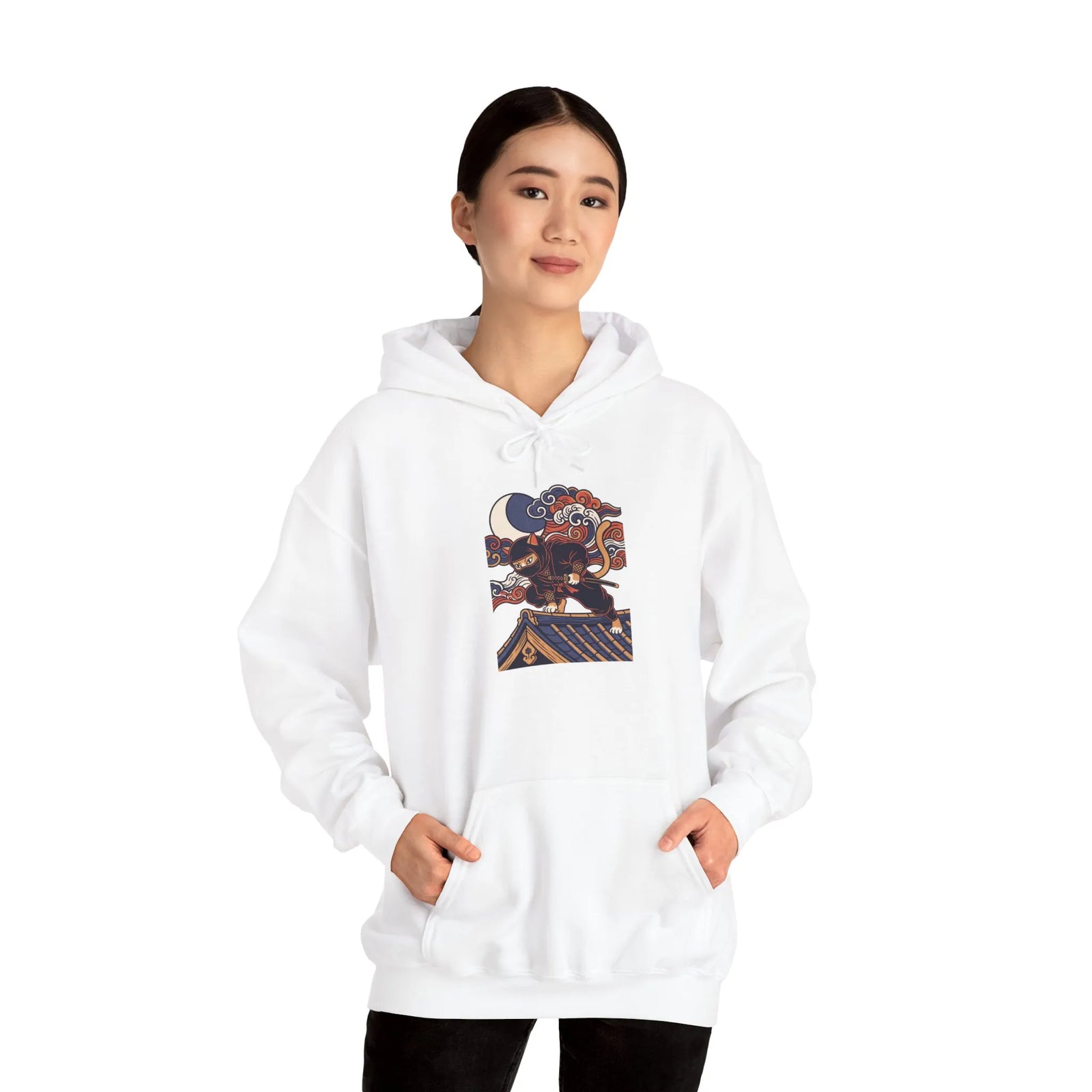 Ninja Cat Ukiyo-e Samurai Hoodie - Soft Fleece Blend Pullover - Unisex White