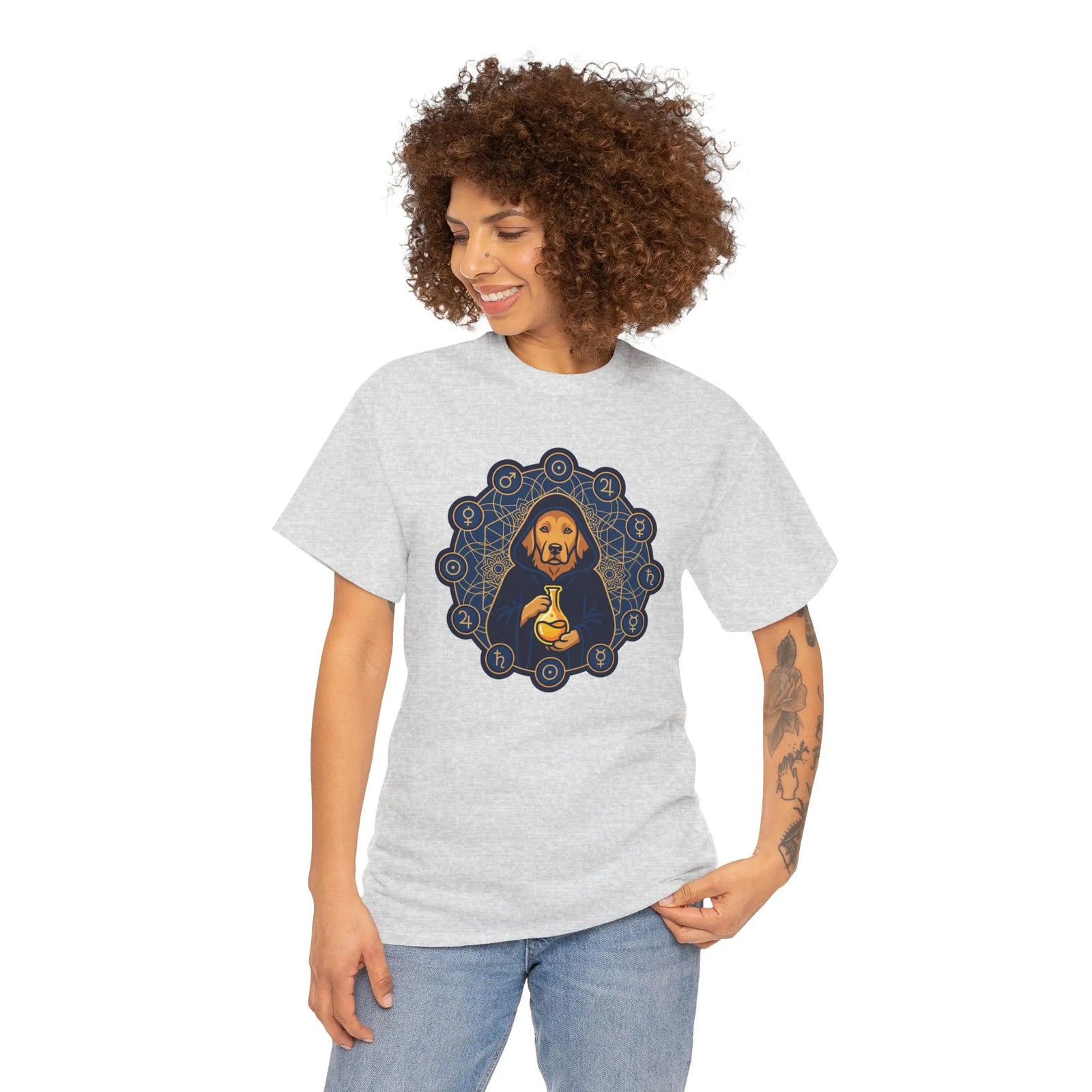Alchemist Dog Sacred Geometry T-Shirt - Heavy Cotton Classic Fit Tee - Unisex White