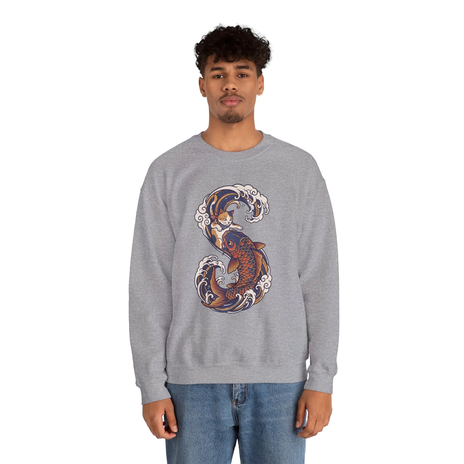 Koi Rider Ukiyo-e Samurai Cats Sweatshirt - Heavy Blend Fleece Crewneck - Unisex Ash