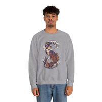 Koi Rider Ukiyo-e Samurai Cats Sweatshirt - Heavy Blend Fleece Crewneck - Unisex Ash