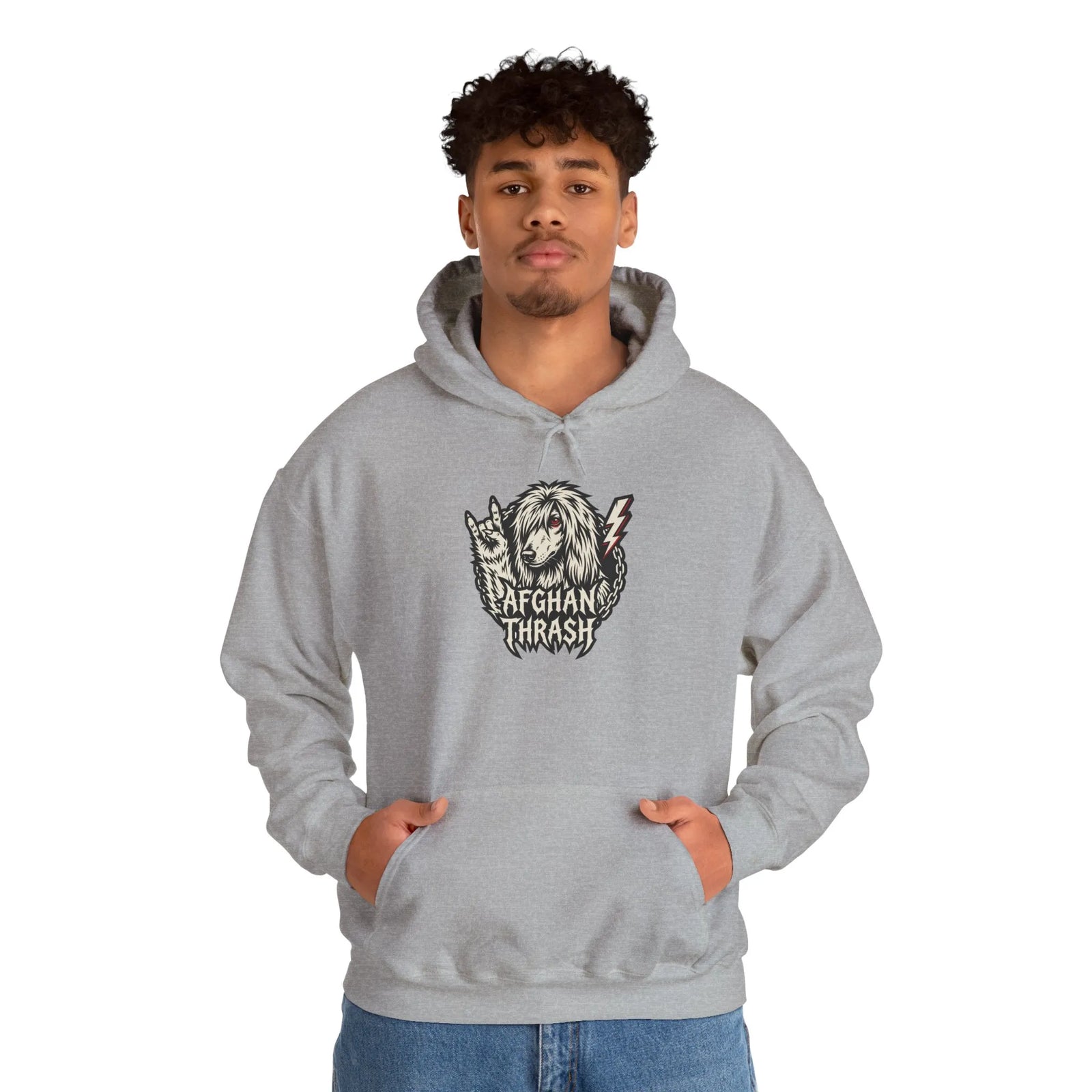 Headbanger Metal Dog Graphic Hoodie - Warm Cotton Blend Pullover - Unisex Ash