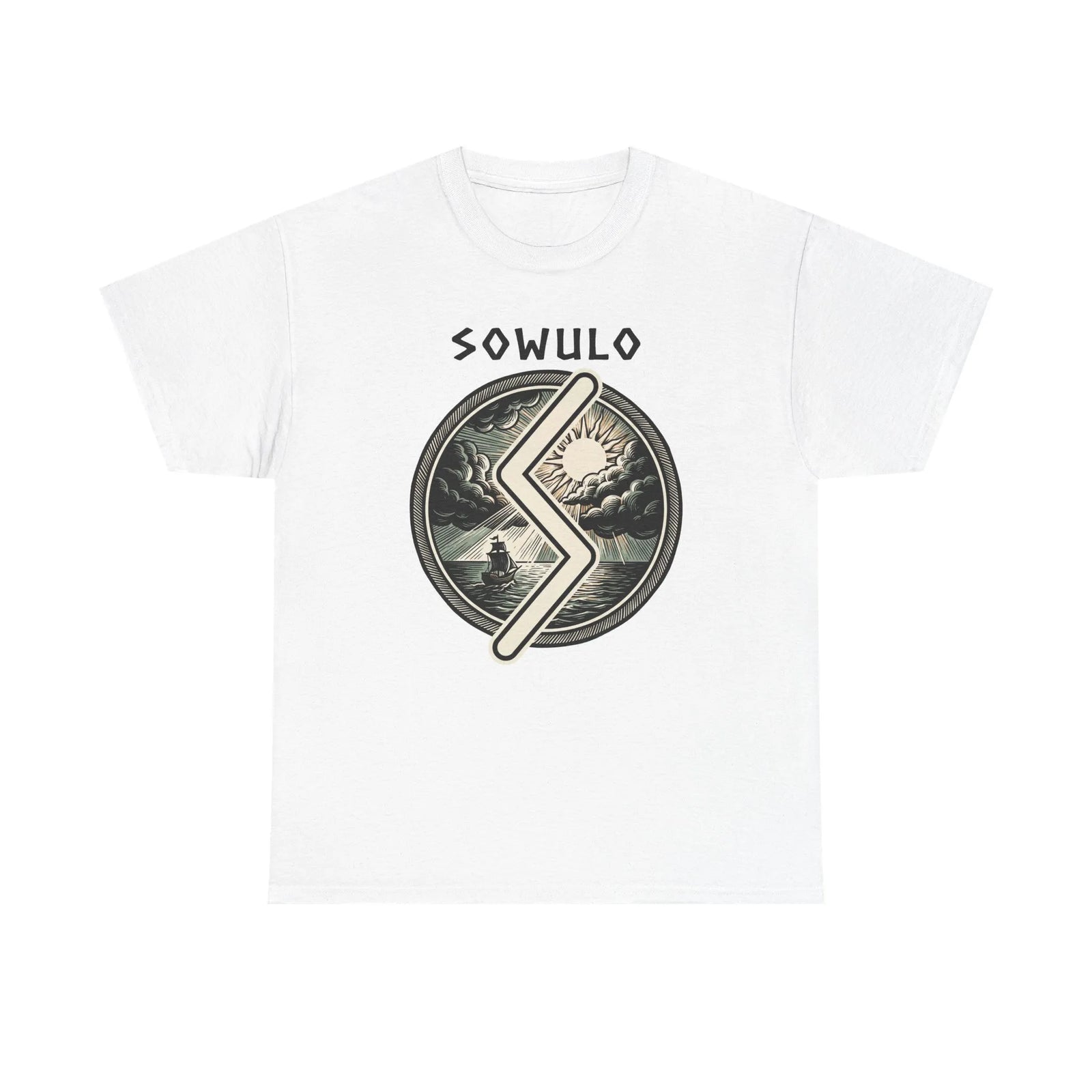 Sowulo Rune Sun & Sea Graphic T-Shirt - Heavy Cotton Classic Fit Tee - Unisex White