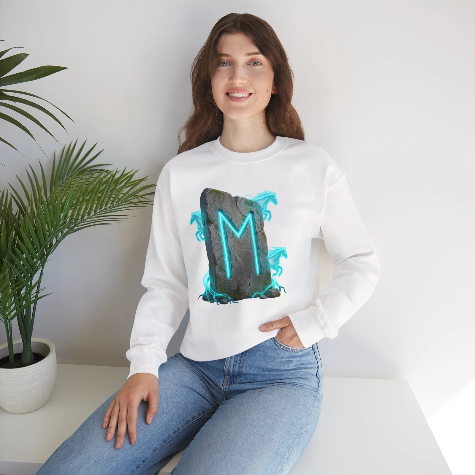 Ehwaz Rune Spirit Horse Sweatshirt - Heavy Blend Classic Fit Crewneck - Unisex White