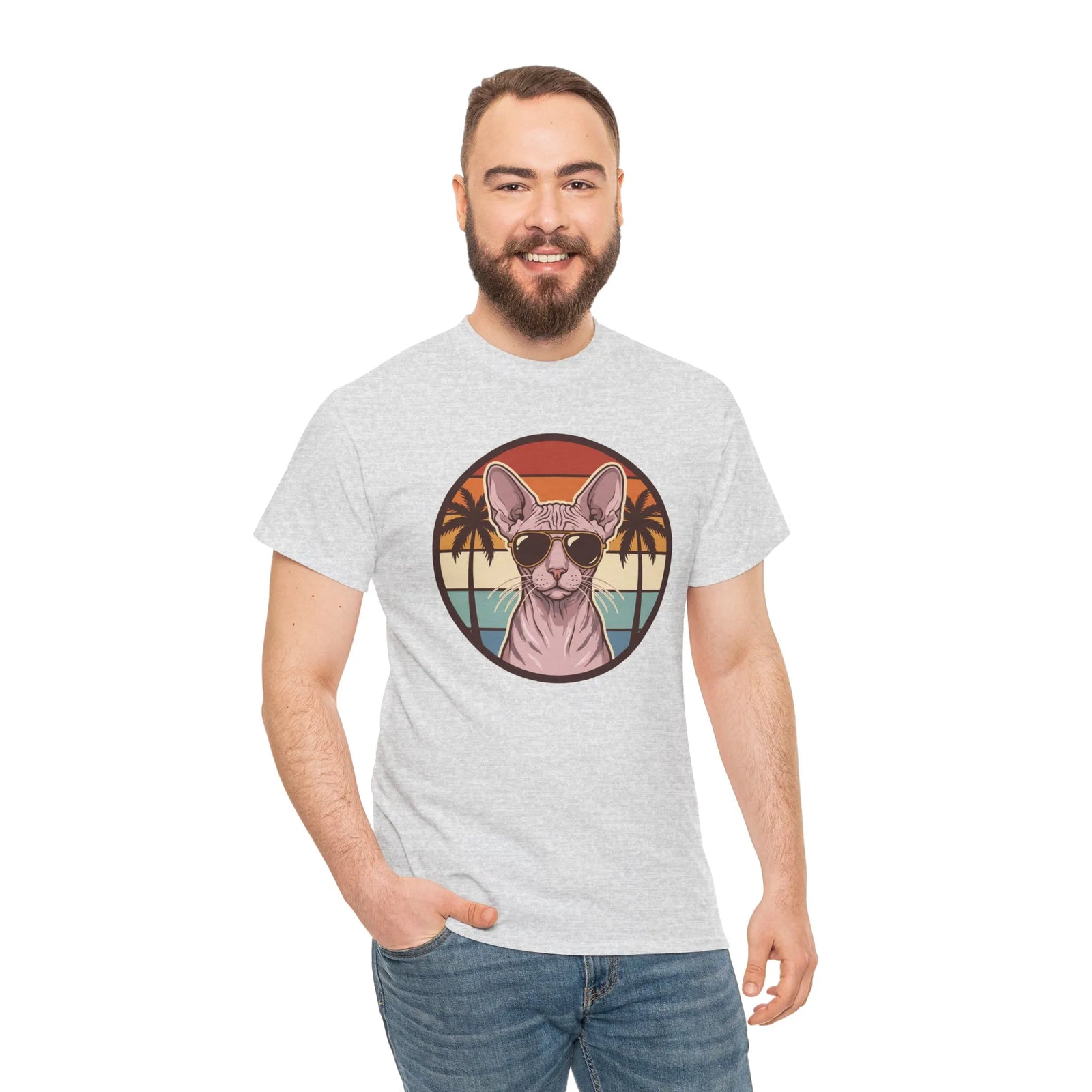 Sphynx Cat 70s Sunset Aviators T-Shirt - Heavy Cotton Classic Fit Tee - Unisex White
