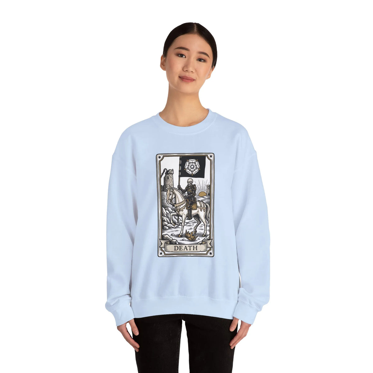 Tarot Death Card Graphic Sweatshirt - Heavy Blend Classic Fit Crewneck - Unisex White