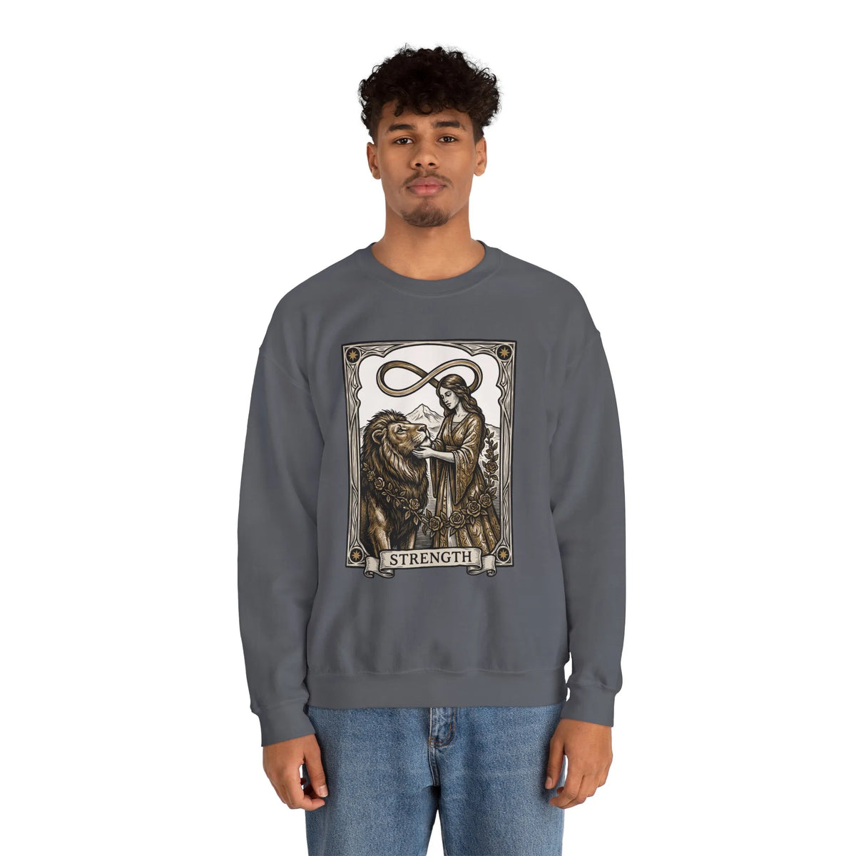 Strength Tarot Card Sweatshirt - Heavy Blend Crewneck Fleece - Unisex White