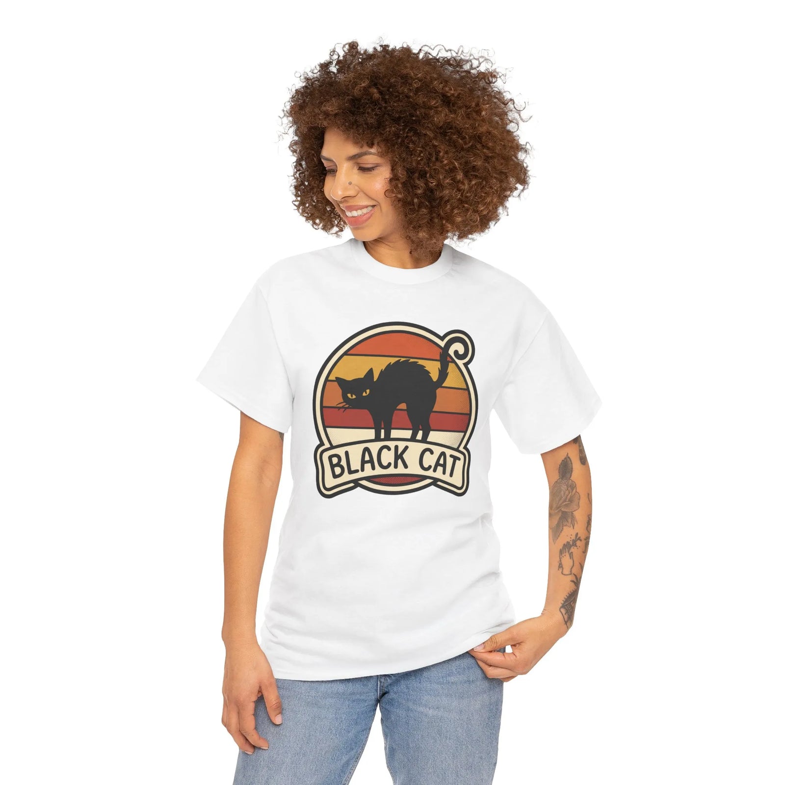 Black Cat Retro Sunset T-Shirt - Heavyweight 100% Cotton Classic Tee - Unisex White