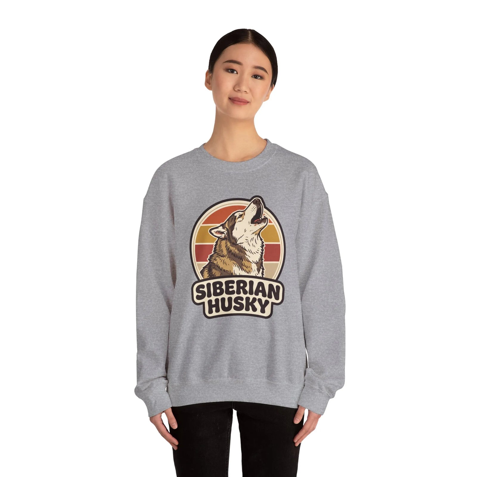 Siberian Husky Retro Sunset Sweatshirt - Heavy Blend Fleece Crewneck - Unisex White