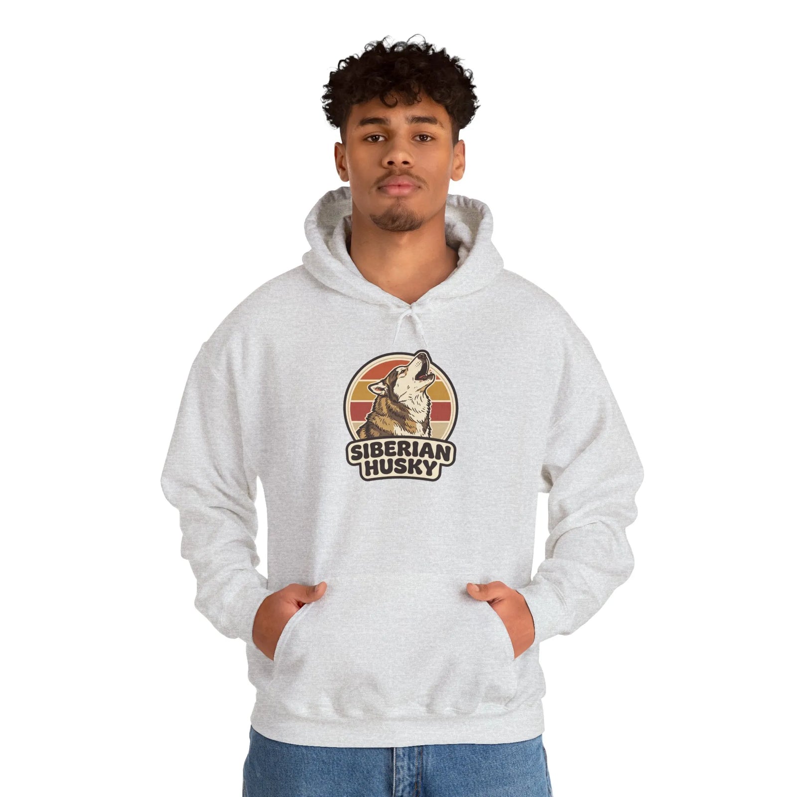 Siberian Husky Retro 70s Sunset Hoodie - Medium-Heavy Fleece Pullover - Unisex Ash