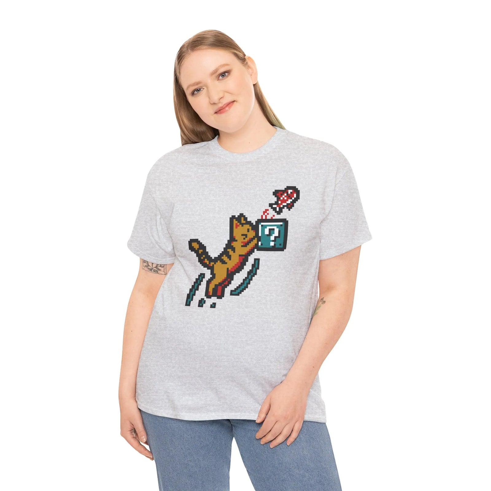 8-Bit Pixel Gaming Cats Graphic T-Shirt - Heavy Cotton Classic Fit Tee - Unisex White
