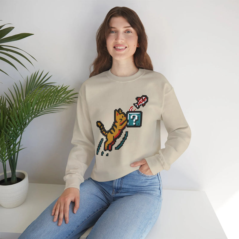 8-Bit Pixel Gaming Cats Sweatshirt - Heavy Blend Fleece Crewneck - Unisex White