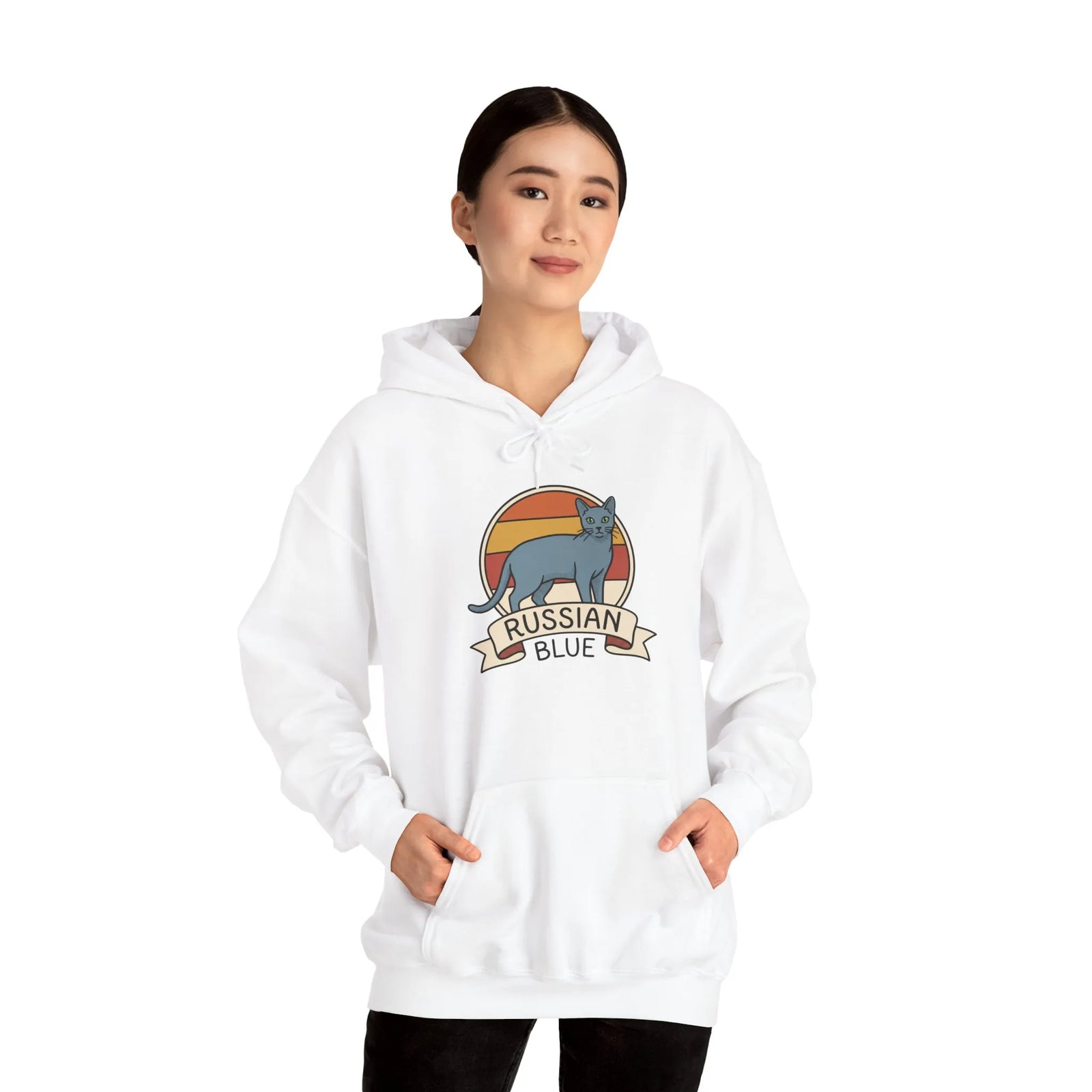 Russian Blue Cat Retro Sunset Hoodie - Heavy Blend Cotton Blend Pullover - Unisex White
