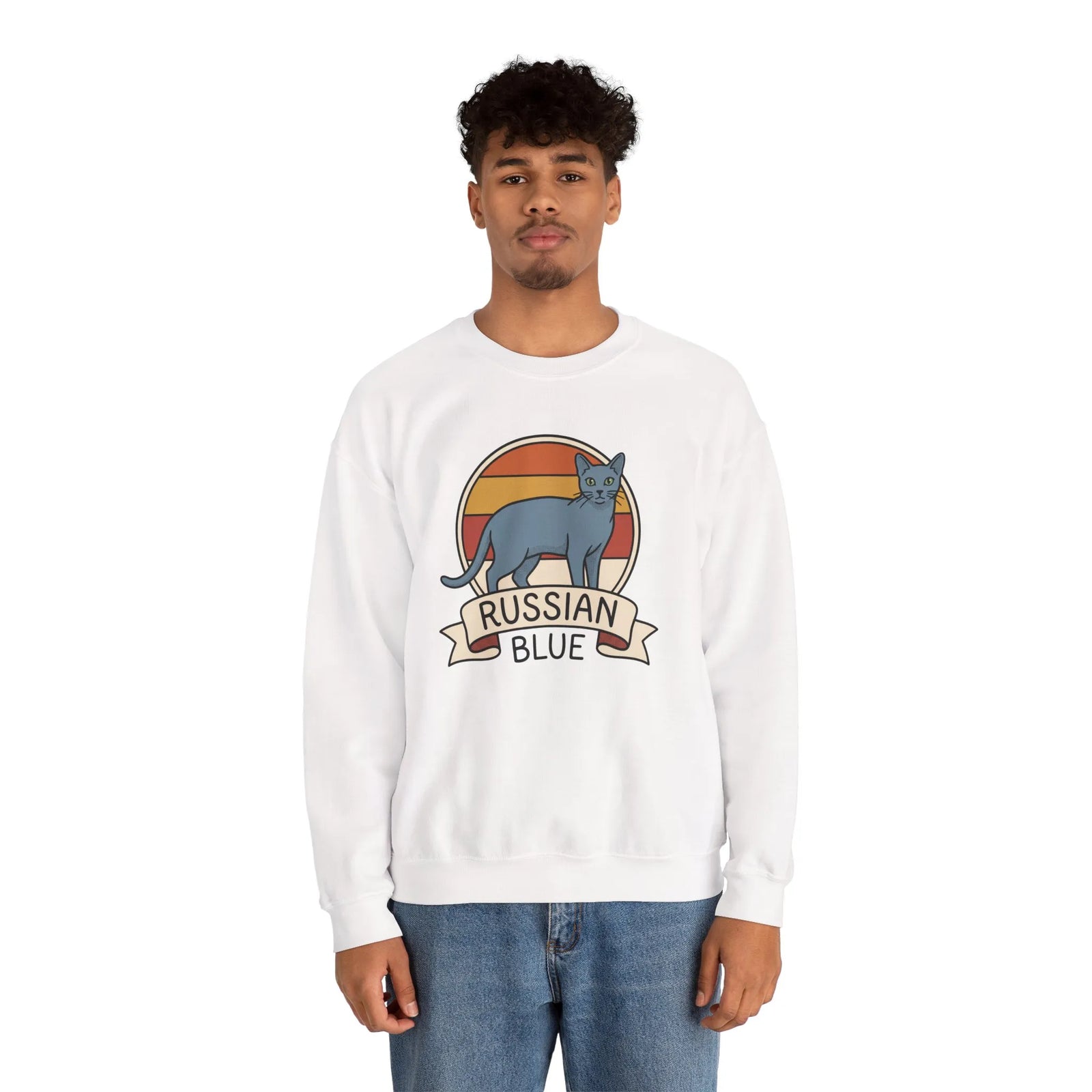 Russian Blue Retro 70s Sunset Sweatshirt - Heavy Blend Crewneck - Unisex White