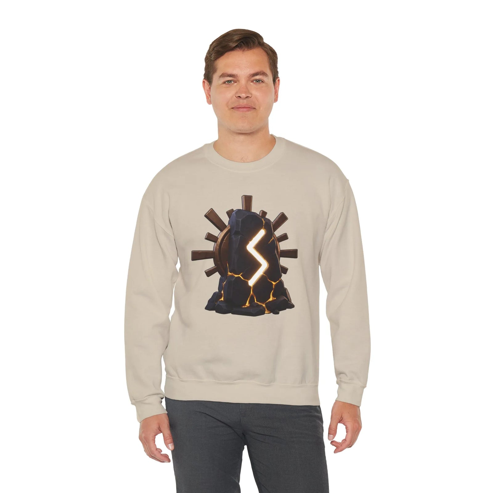 Sowulo Rune Sun Graphic Sweatshirt - Classic Fit Fleece Crewneck - Unisex White