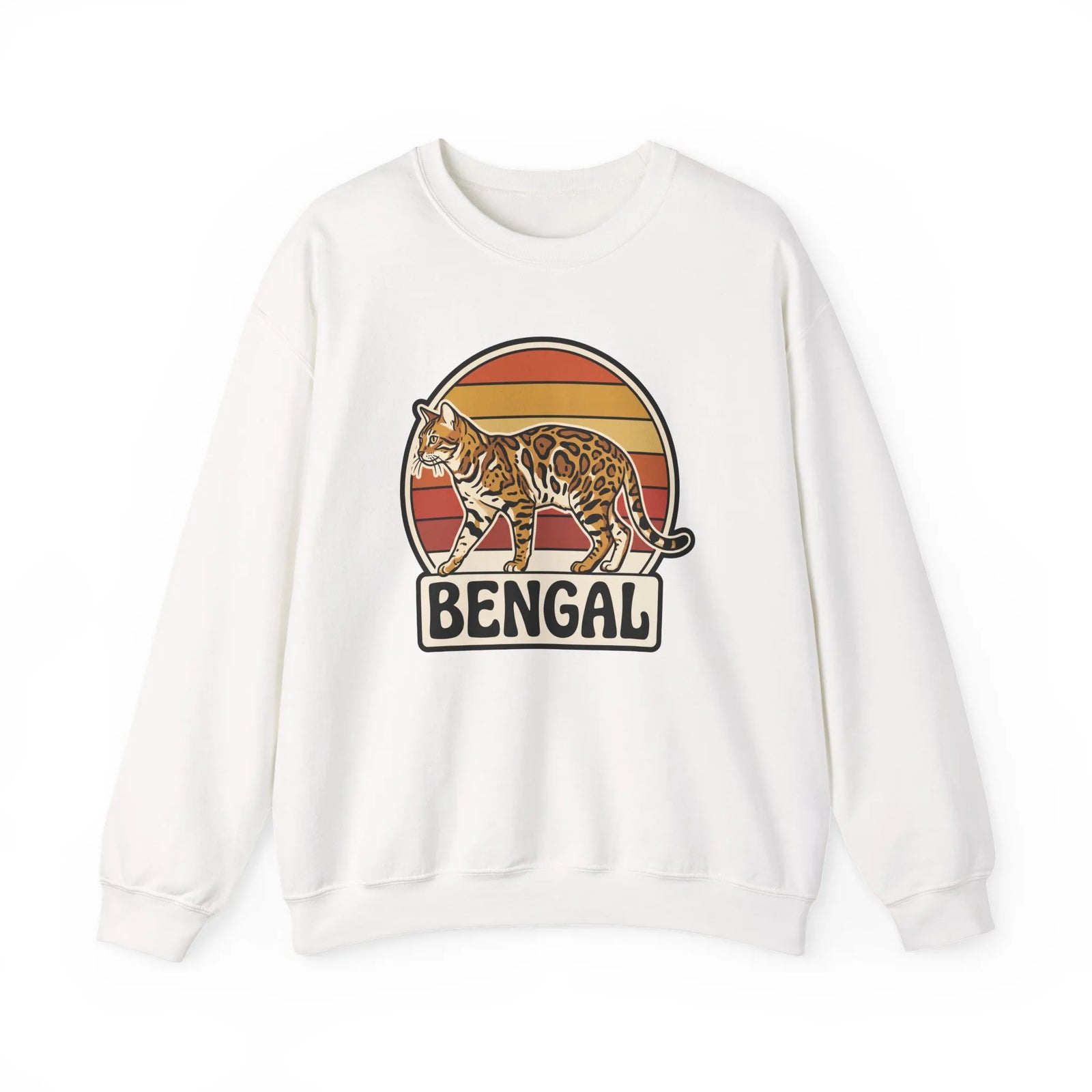Bengal Cat Retro Sunset Sweatshirt - Classic Fit Heavy Blend Crewneck - Unisex White