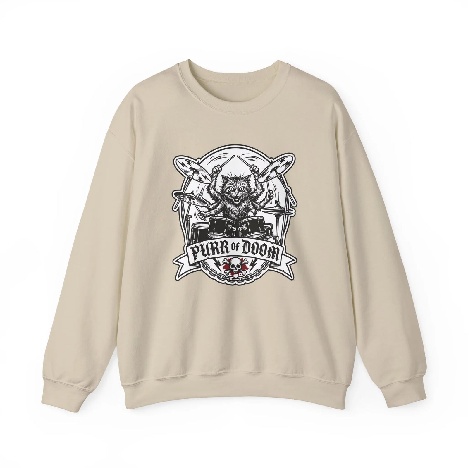 Heavy Metal Rocker Cats Drummer Sweatshirt - Heavy Blend Cotton Blend Crewneck - Unisex White