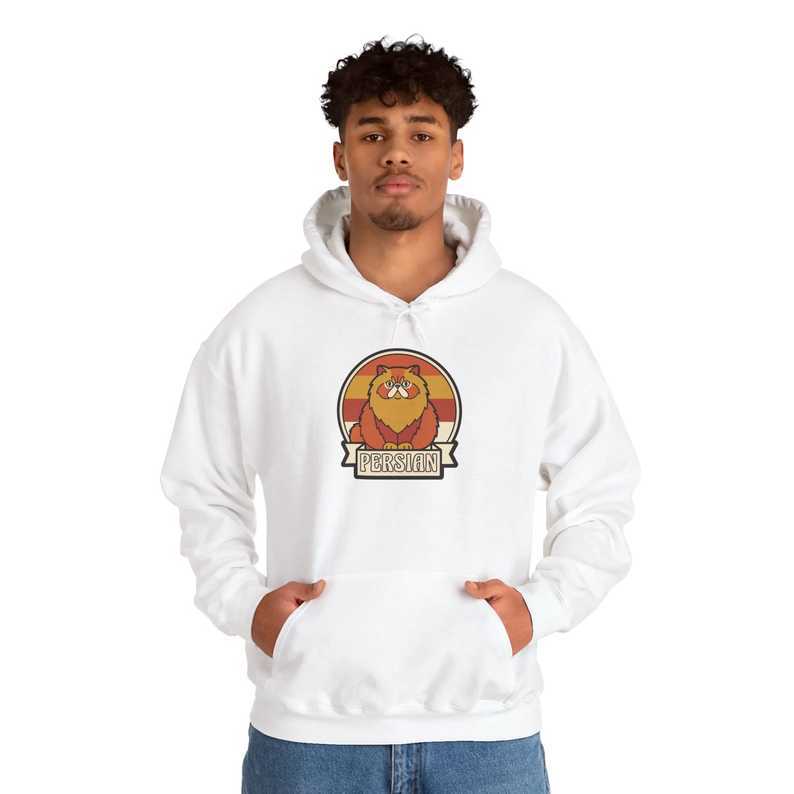 Retro 70s Persian Cat Sunset Hoodie - Cotton Poly Blend Fleece Pullover - Unisex White