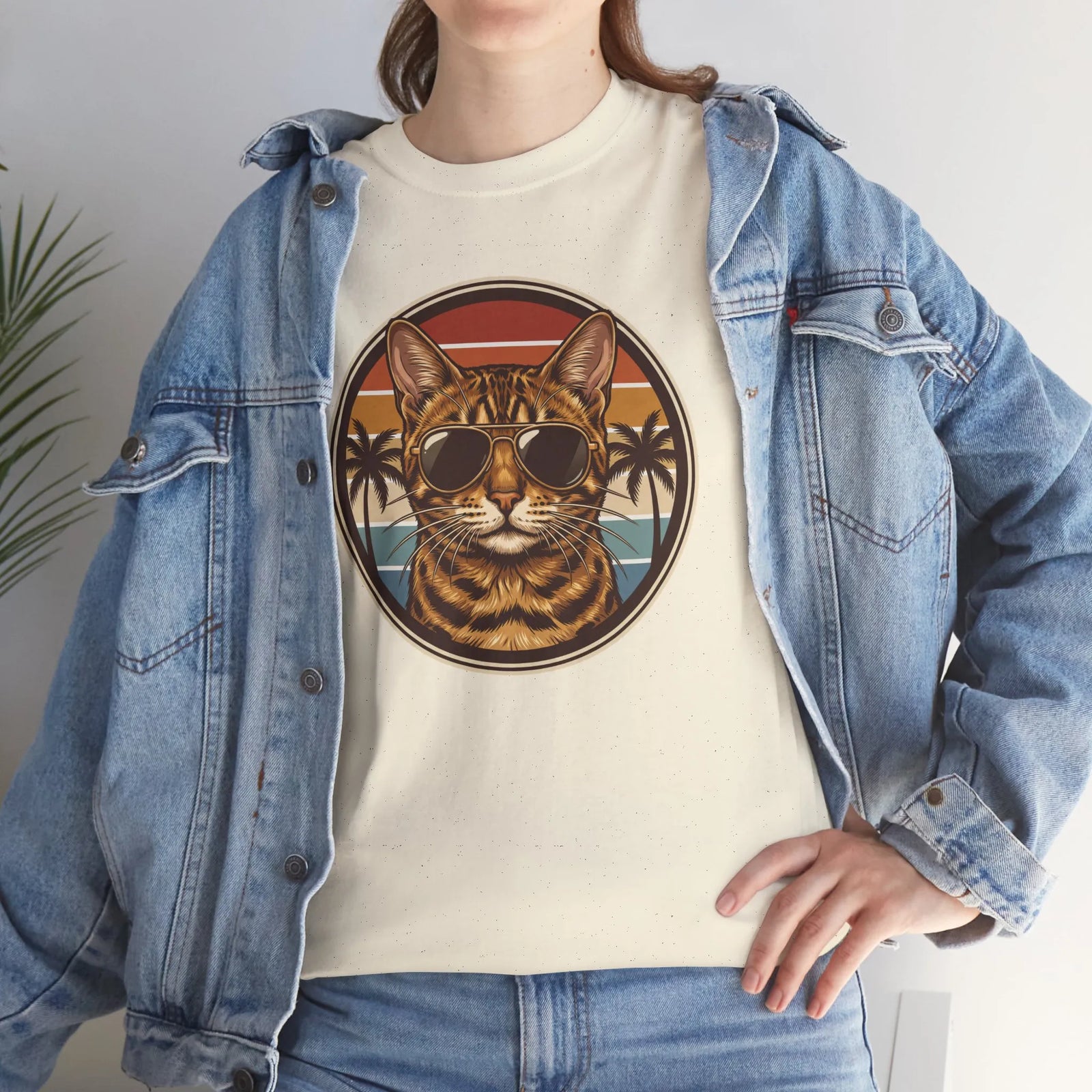 Bengal Cat Aviator Sunset T-Shirt - Heavy Cotton Classic Fit Tee - Unisex White