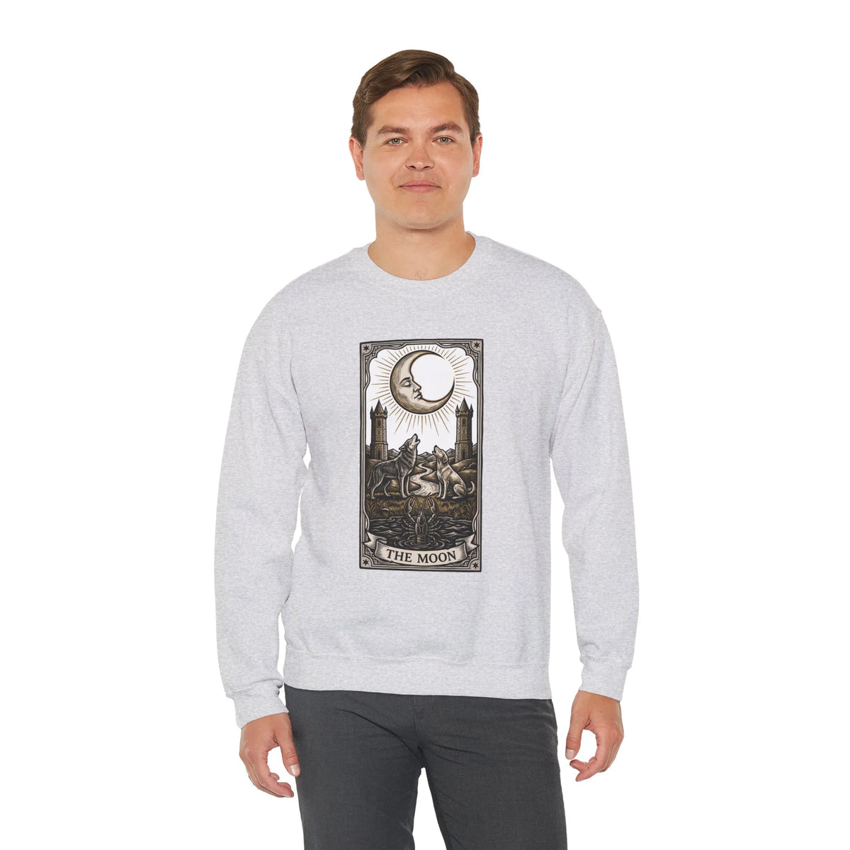 Moon Tarot Card Wolves Graphic Sweatshirt - Heavy Blend Fleece Crewneck - Unisex White