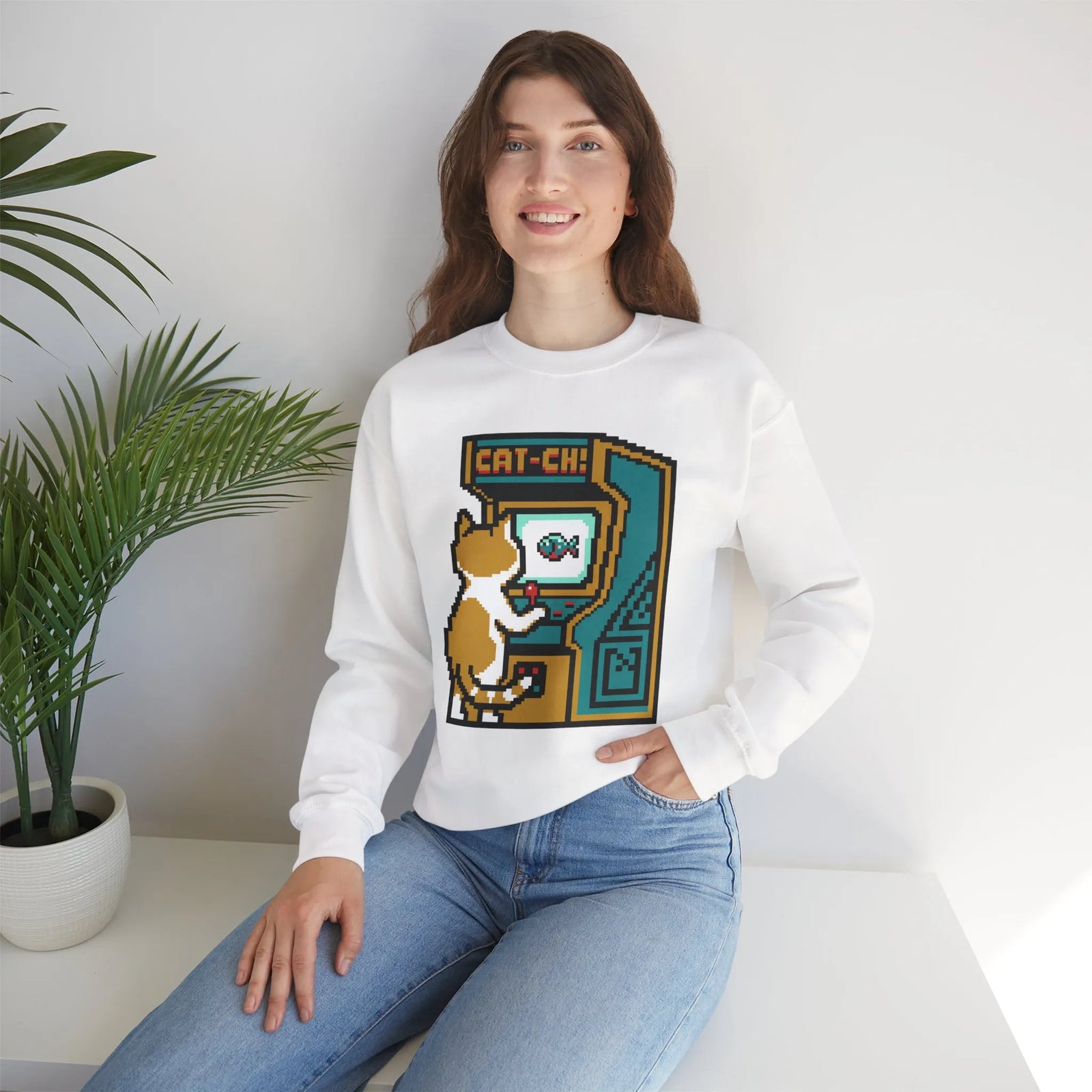 Arcade Night Pixel Gaming Cats Sweatshirt - Heavy Blend Fleece Crewneck - Unisex White