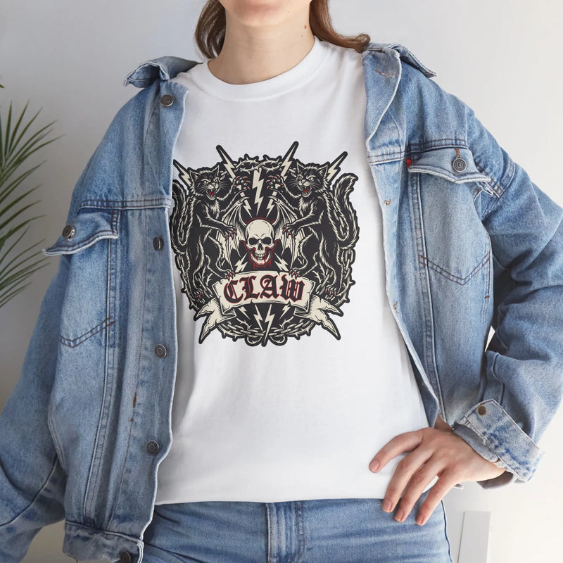 Heavy Metal Rocker Cats Band Crest T-Shirt - Heavy Cotton Classic Fit Tee - Unisex White