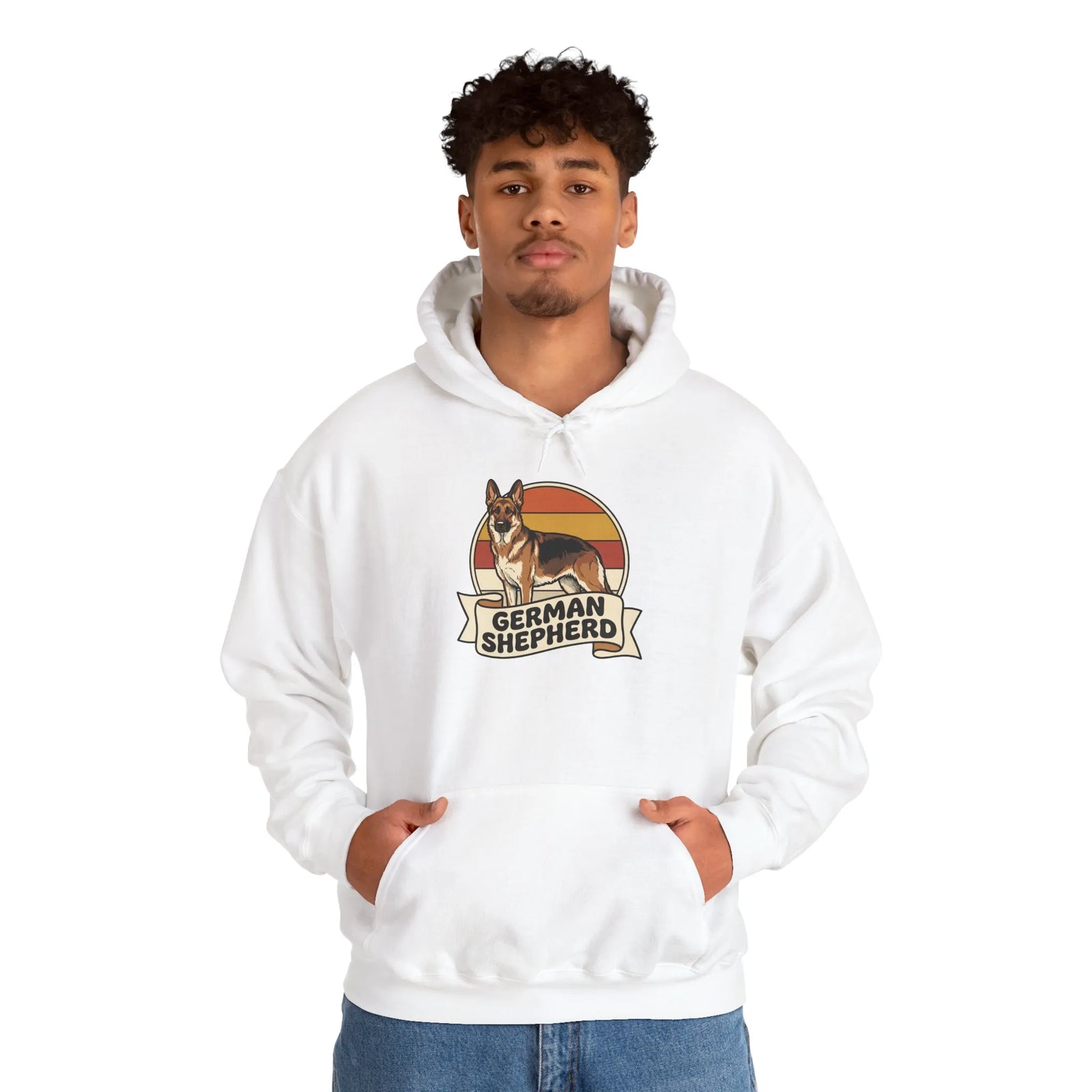 German Shepherd Retro Sunset Hoodie - Soft Cotton-Poly Blend Fleece - Unisex White