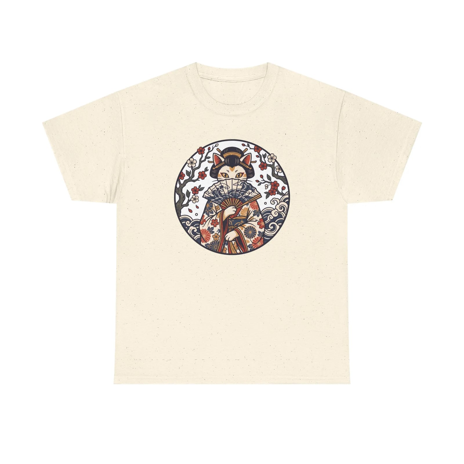 Ukiyo-e Samurai Cat Fan Dancer T-Shirt - Heavy Cotton Classic Fit Tee - Unisex White