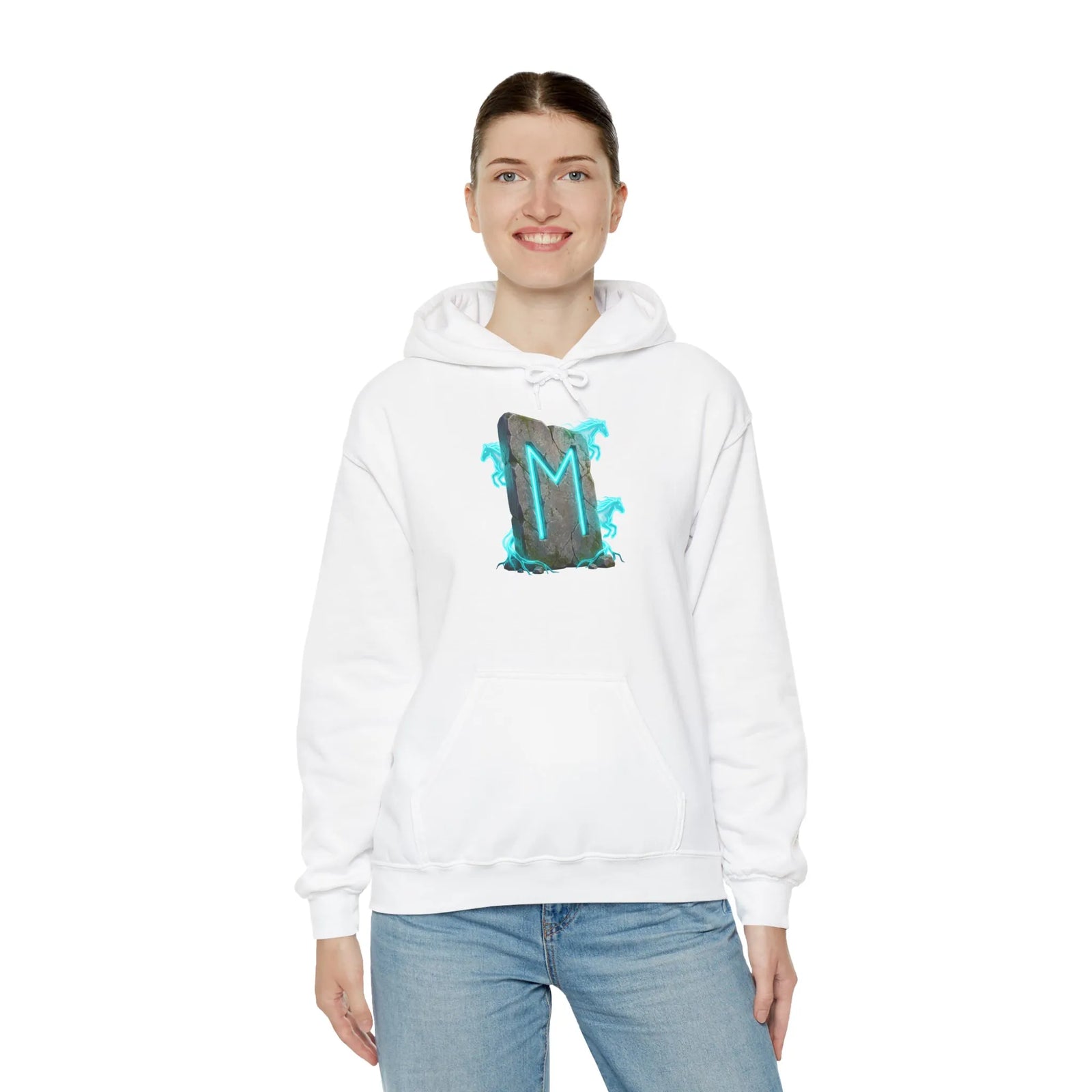 Norse Ehwaz Rune Spirit Horses Hoodie - Heavy Blend Fleece Pullover - Unisex White