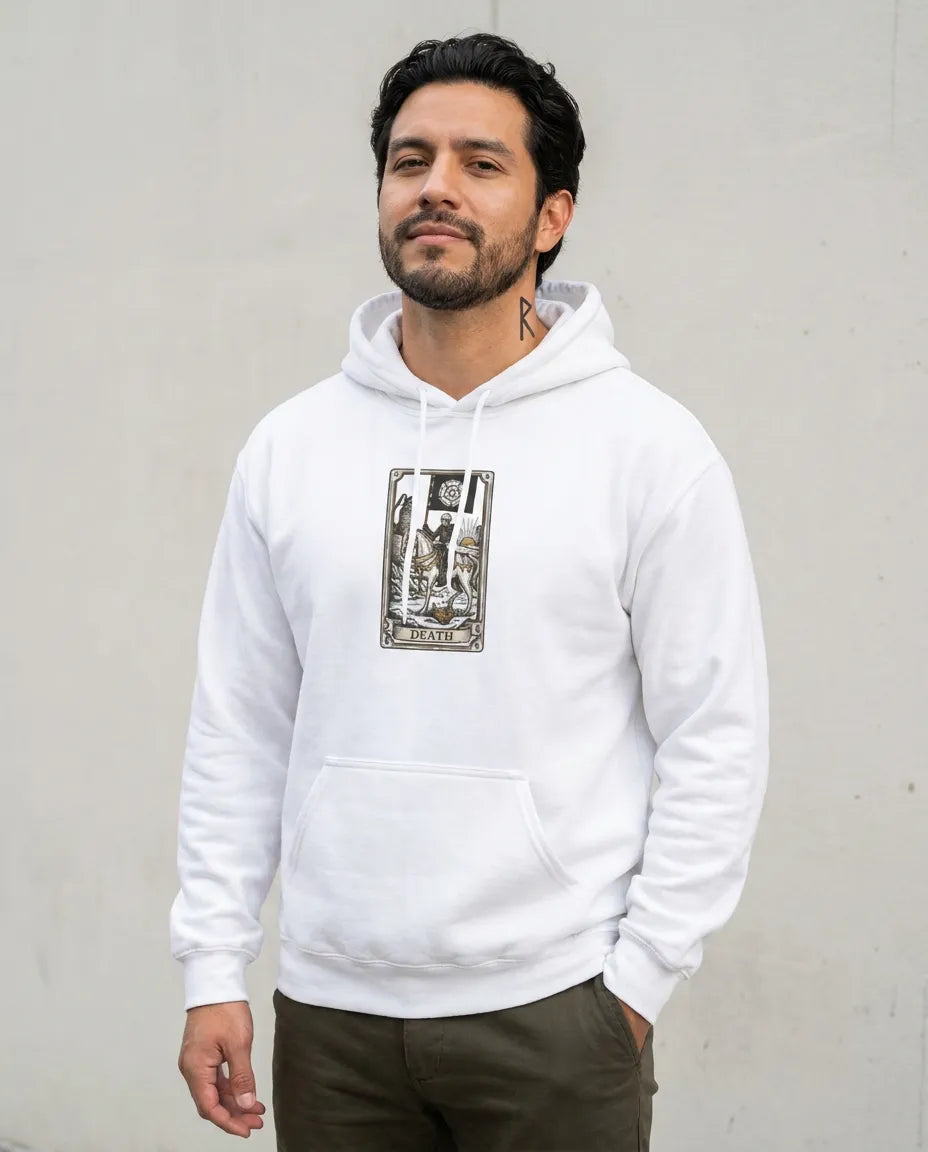 Death Tarot Card Graphic Hoodie - Medium-Heavy Cotton-Poly Blend Pullover - Unisex White
