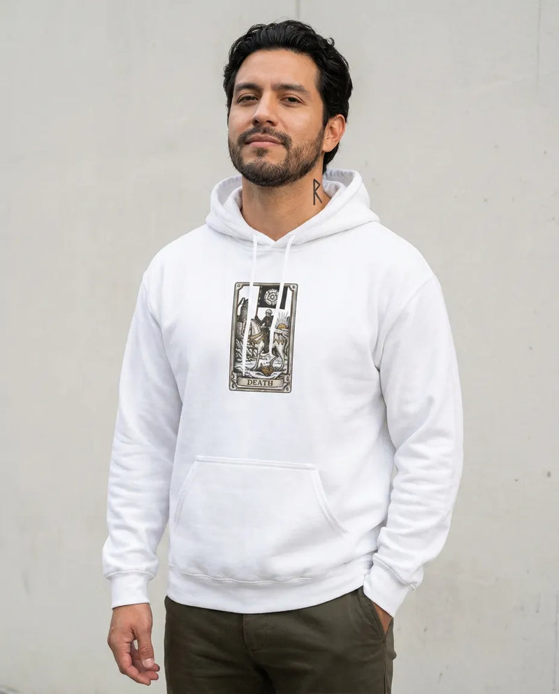Death Tarot Card Graphic Hoodie - Medium-Heavy Cotton-Poly Blend Pullover - Unisex White