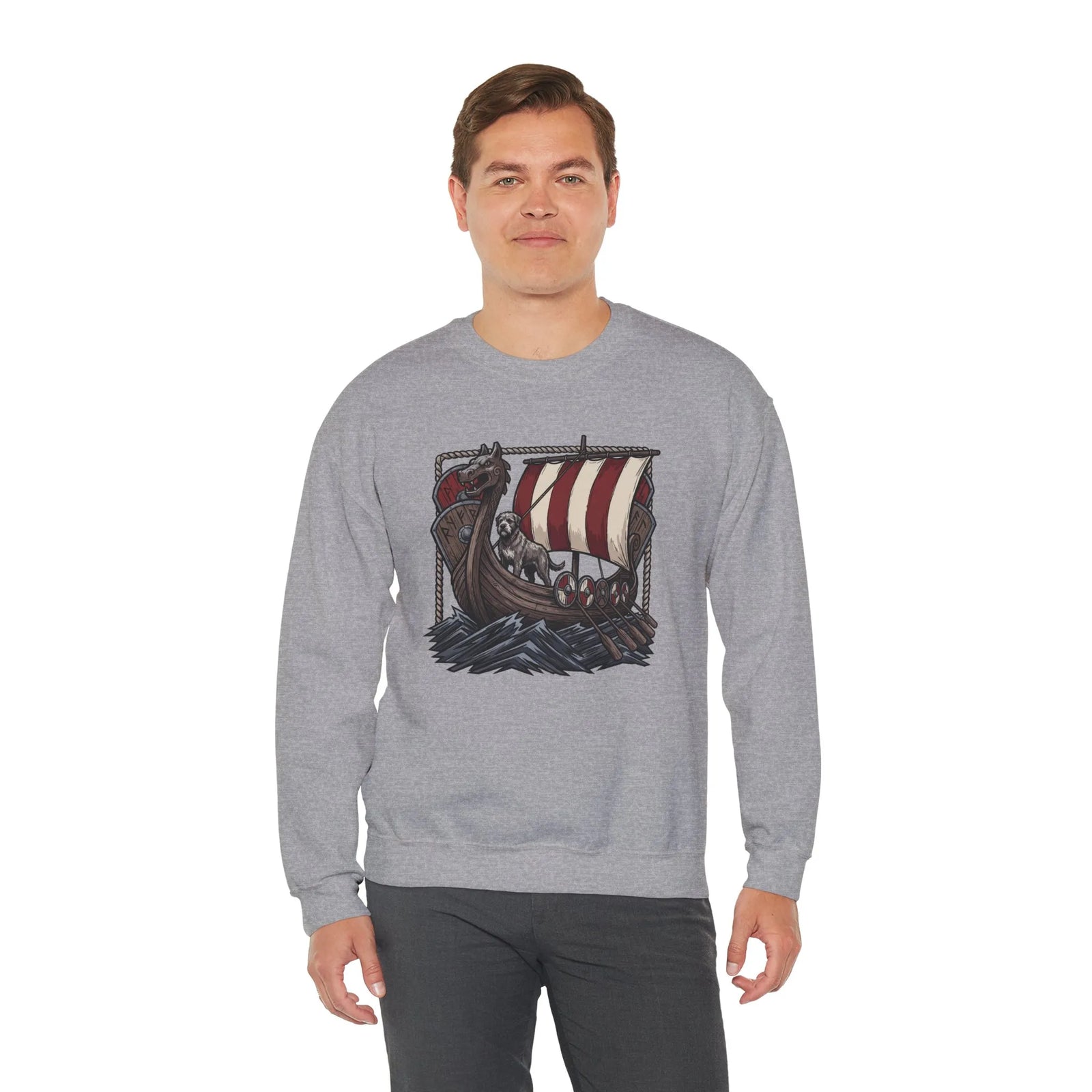 Viking Berserker Dogs Longship Prow Sweatshirt - Heavy Blend Cotton Poly Crewneck - Unisex White