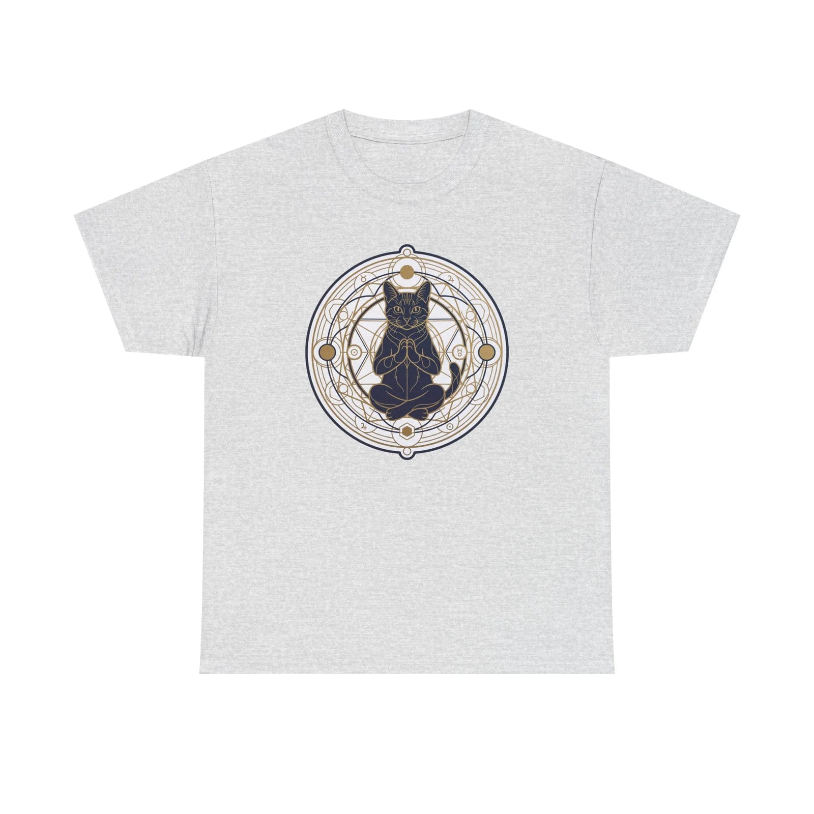 Meditating Cat Sacred Geometry Alchemist T-Shirt - Heavy Cotton Classic Fit Tee - Unisex White