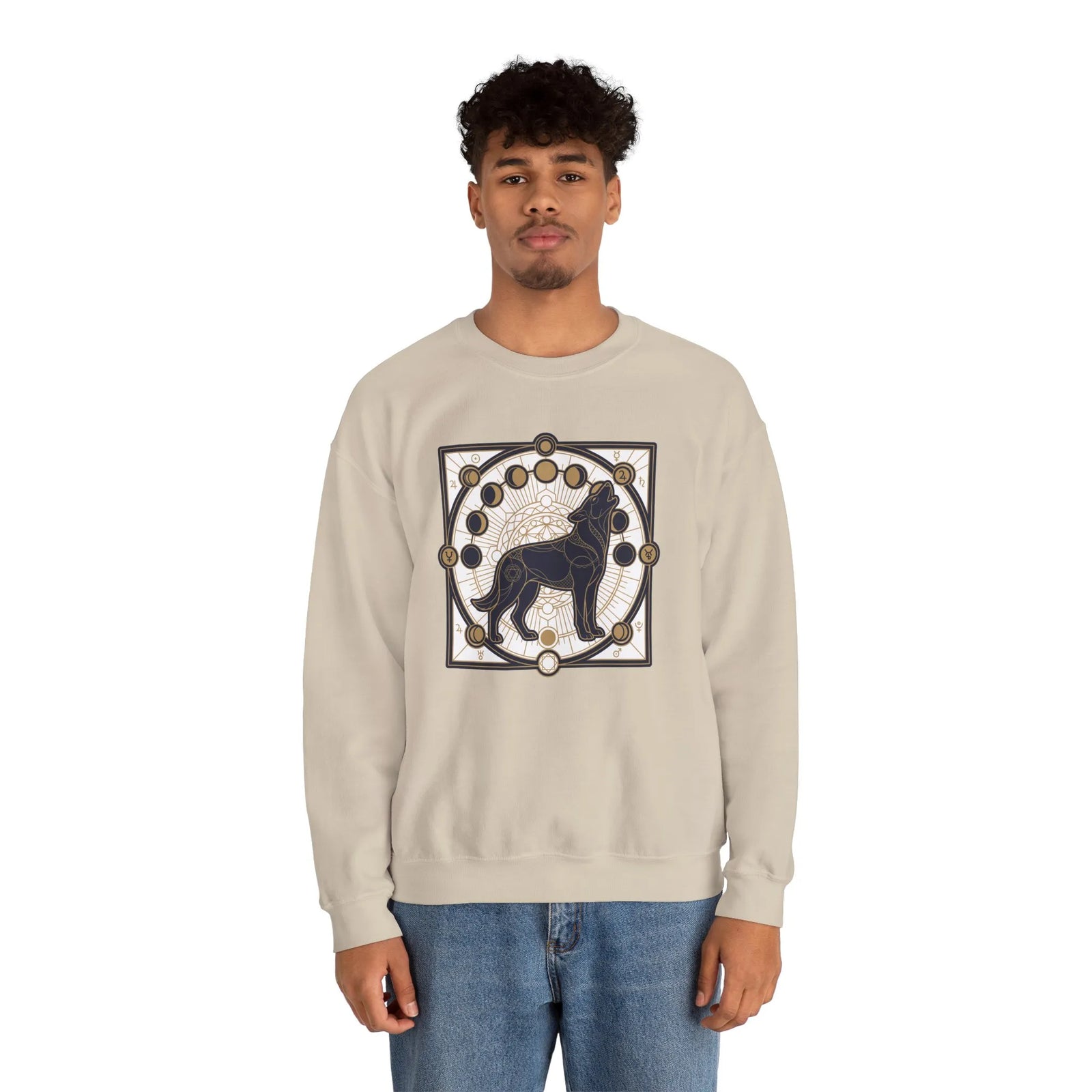 Sacred Geometry Spirit Dog Sweatshirt - Heavyweight Cotton Blend Crewneck - Unisex White