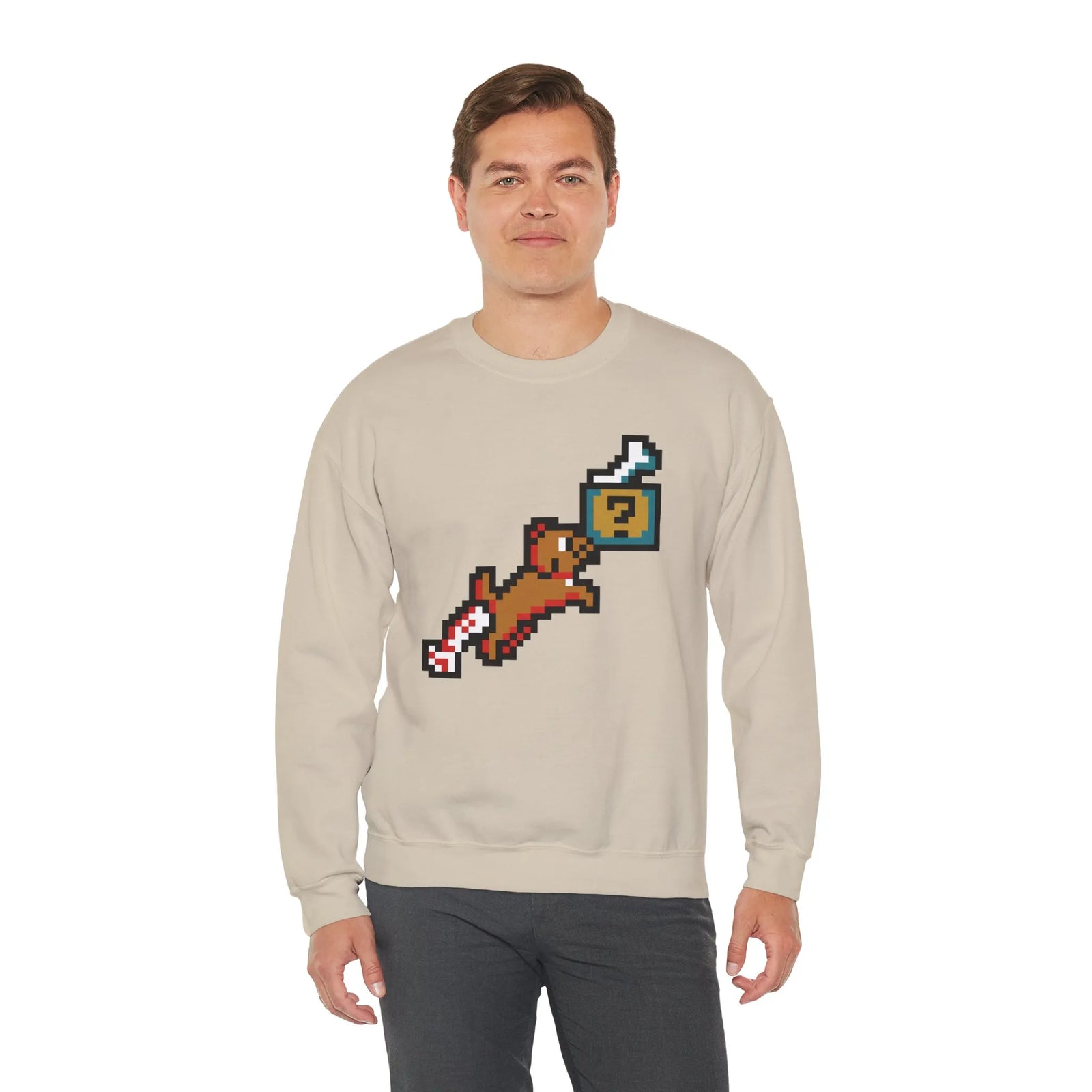 Fetch Quest 8-Bit Pixel Gaming Dog Sweatshirt - Heavy Blend Cotton Polyester Crewneck - Unisex White