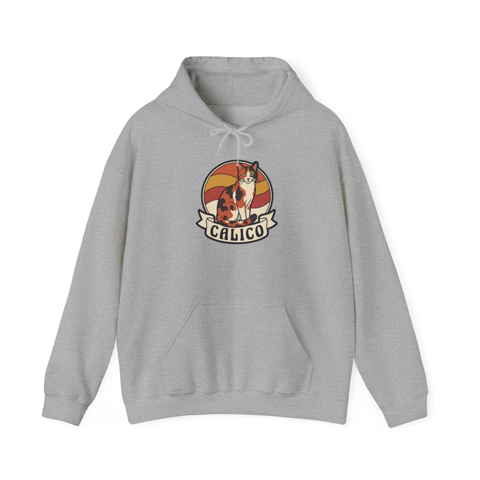 Calico Cat Retro Sunset Graphic Hoodie - Medium Weight Fleece Pullover - Unisex White