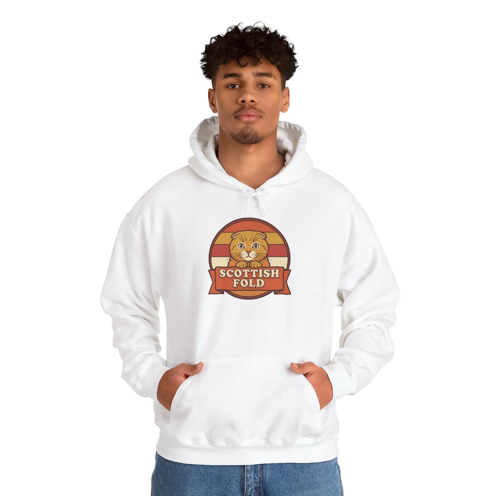 Scottish Fold Retro Sunset Hoodie - Heavy Blend Cotton-Poly Pullover - Unisex White