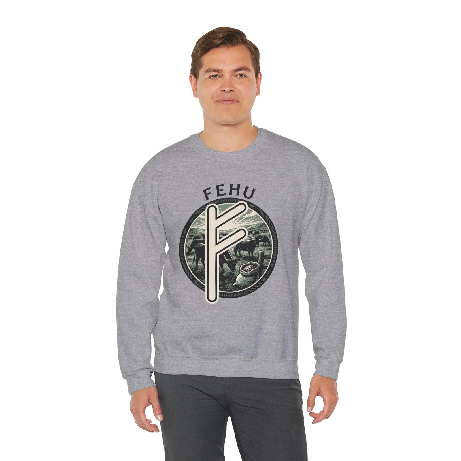 Fehu Rune Wealth Graphic Sweatshirt - Heavyweight 50/50 Fleece Crewneck - Unisex White