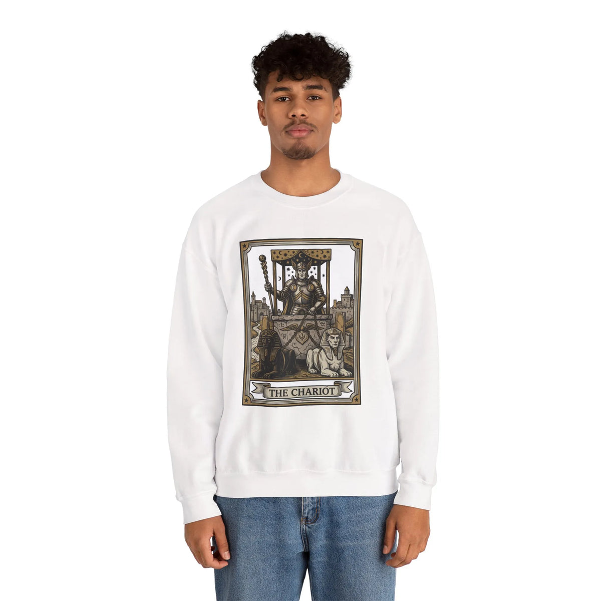 The Chariot Tarot Card Sweatshirt - Heavy Blend Cotton-Poly Crewneck - Unisex White
