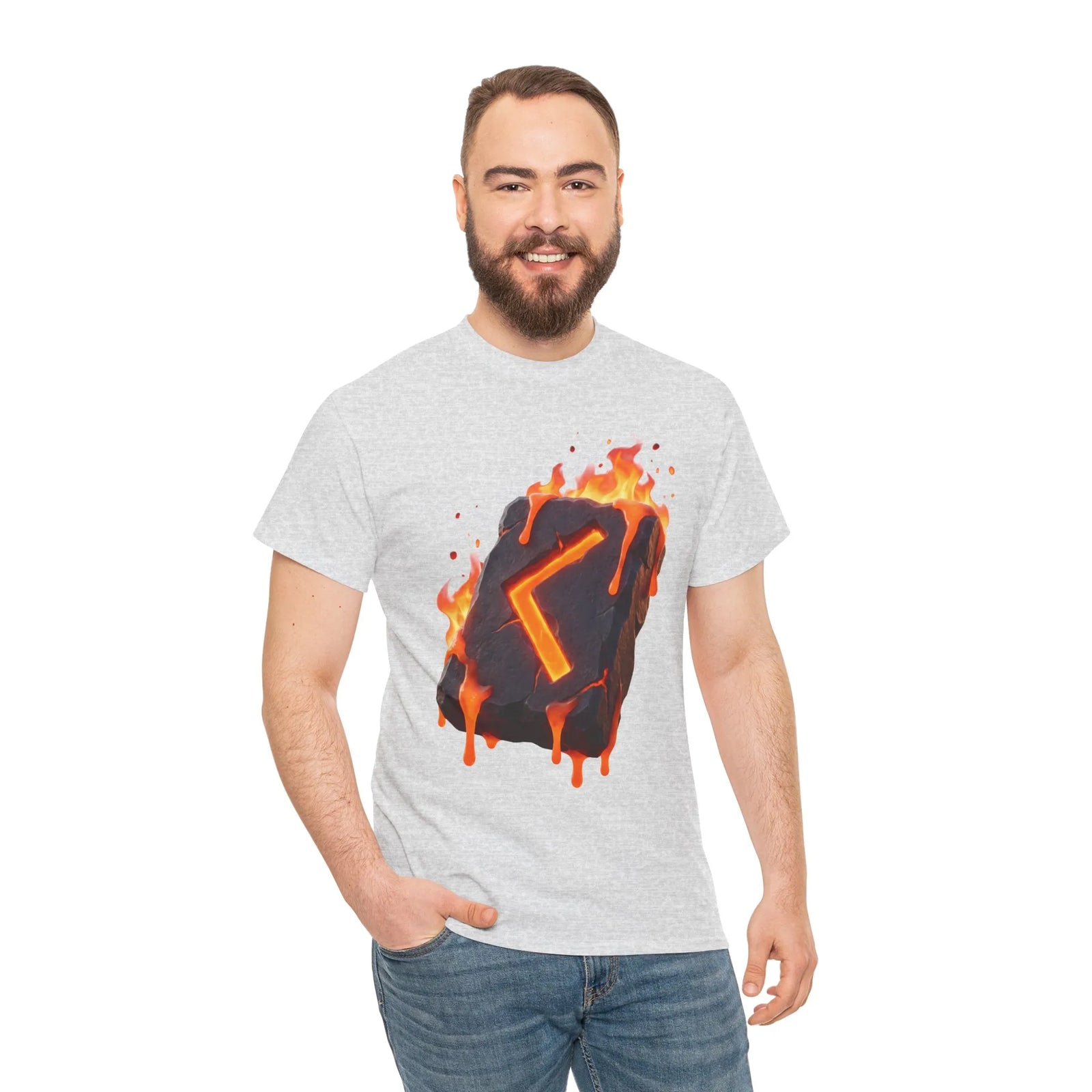 Kenaz Rune Torch Flame T-Shirt - Heavy Cotton Classic Fit Tee - Unisex White