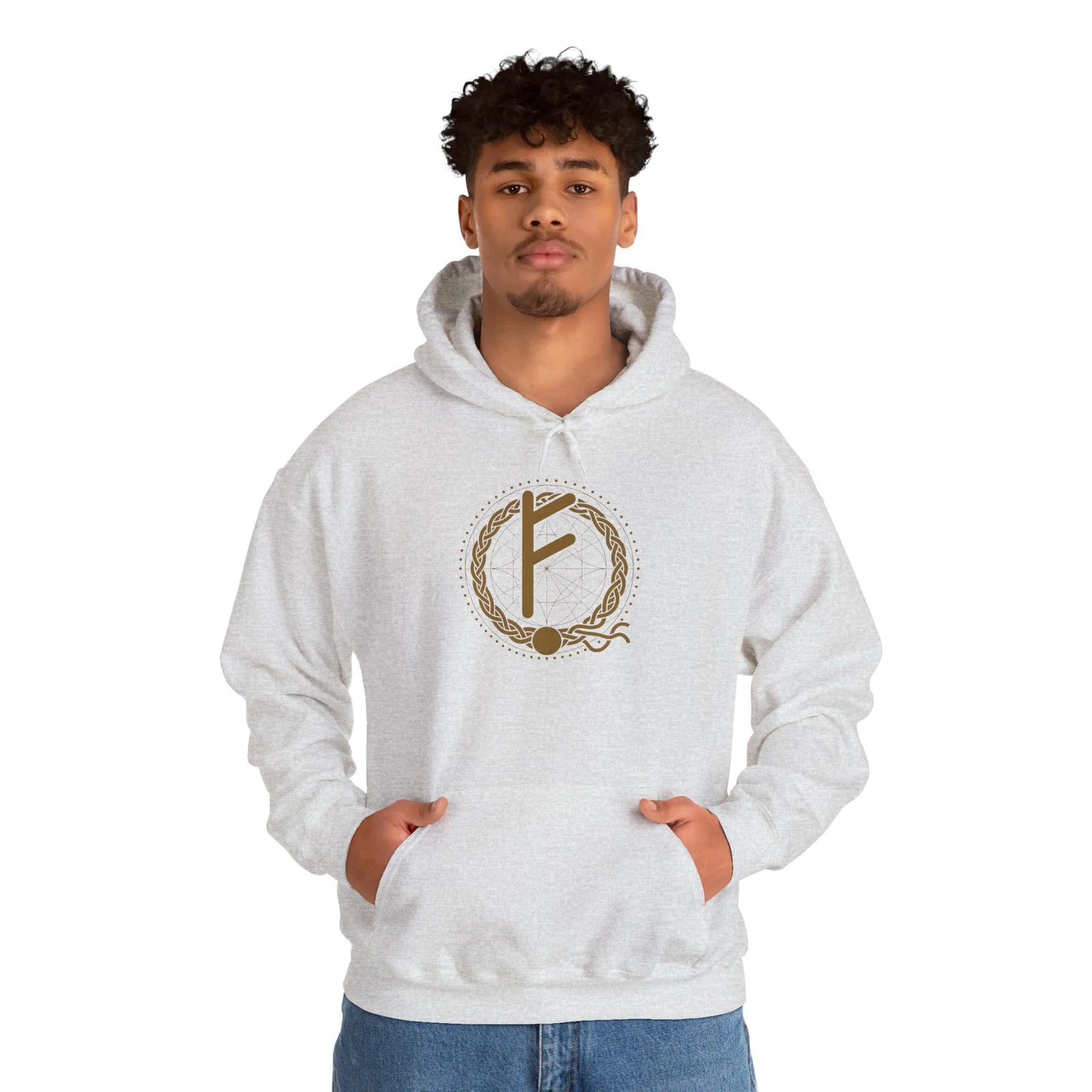 Fehu Rune Wealth Symbol Hoodie - Soft Cotton Poly Fleece Pullover - Unisex White