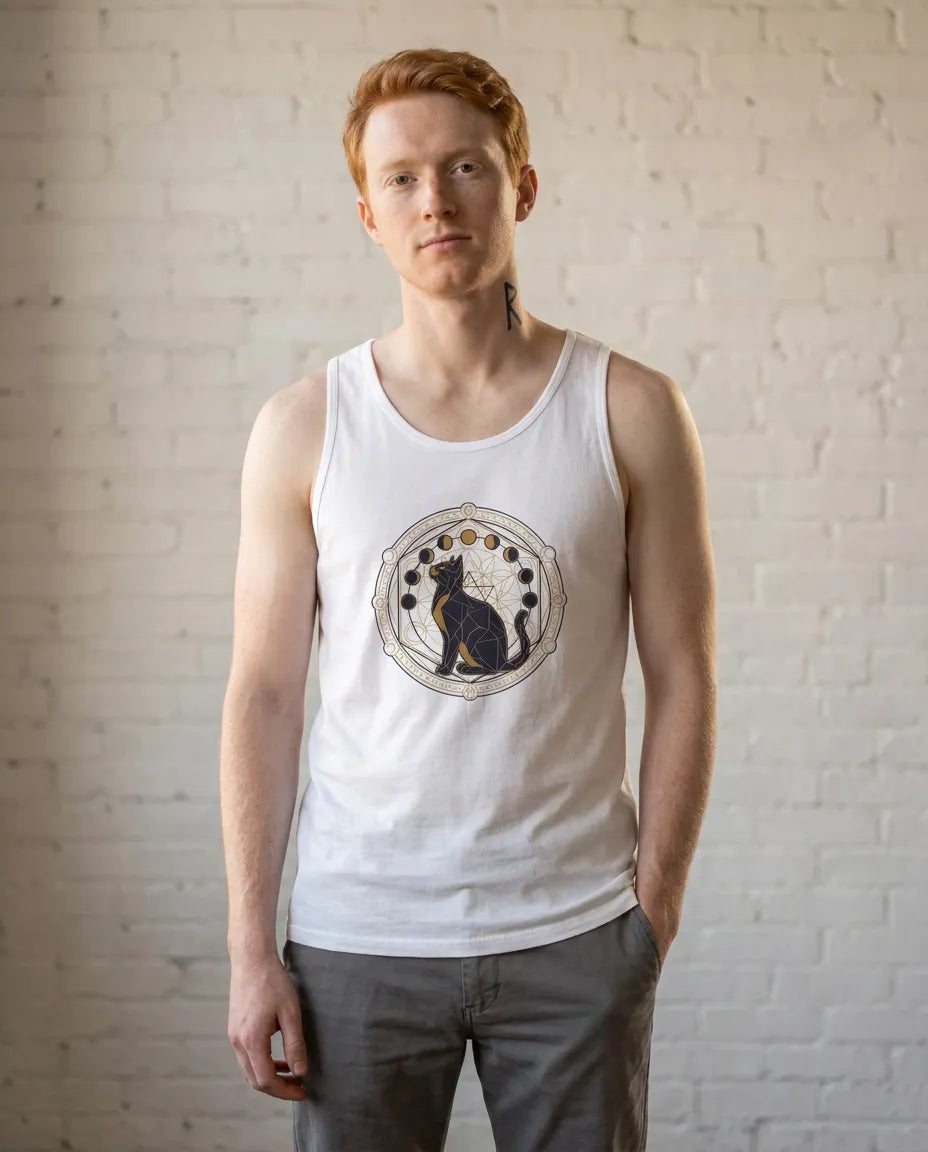 Moon Phases Sacred Geometry Cat Tank Top - Lightweight Cotton Retail Fit Jersey - Unisex Athletic Heather
