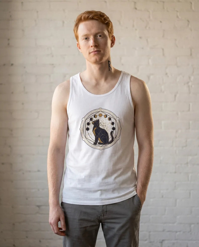 Moon Phases Sacred Geometry Cat Tank Top - Lightweight Cotton Retail Fit Jersey - Unisex Athletic Heather